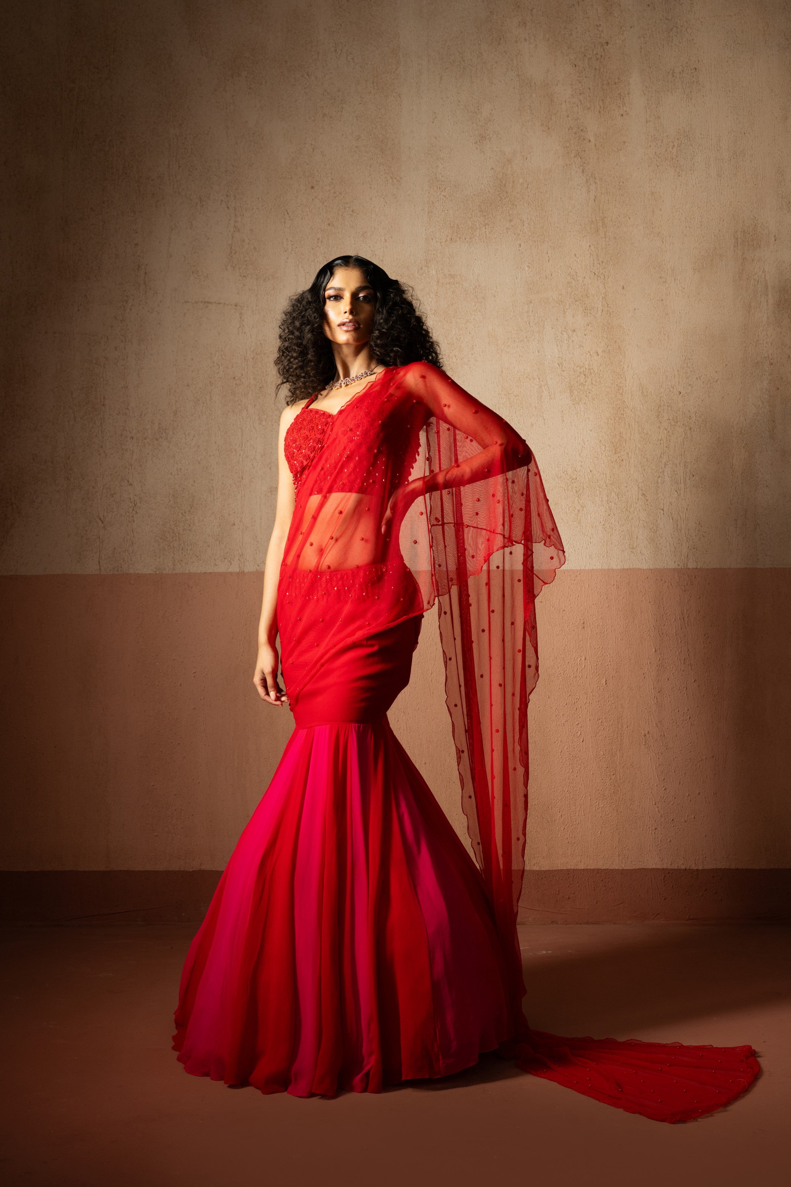 Fishtail style , red & fuschia pink coloured, hand embroidered , net &georgette fishtail saree, concept saree