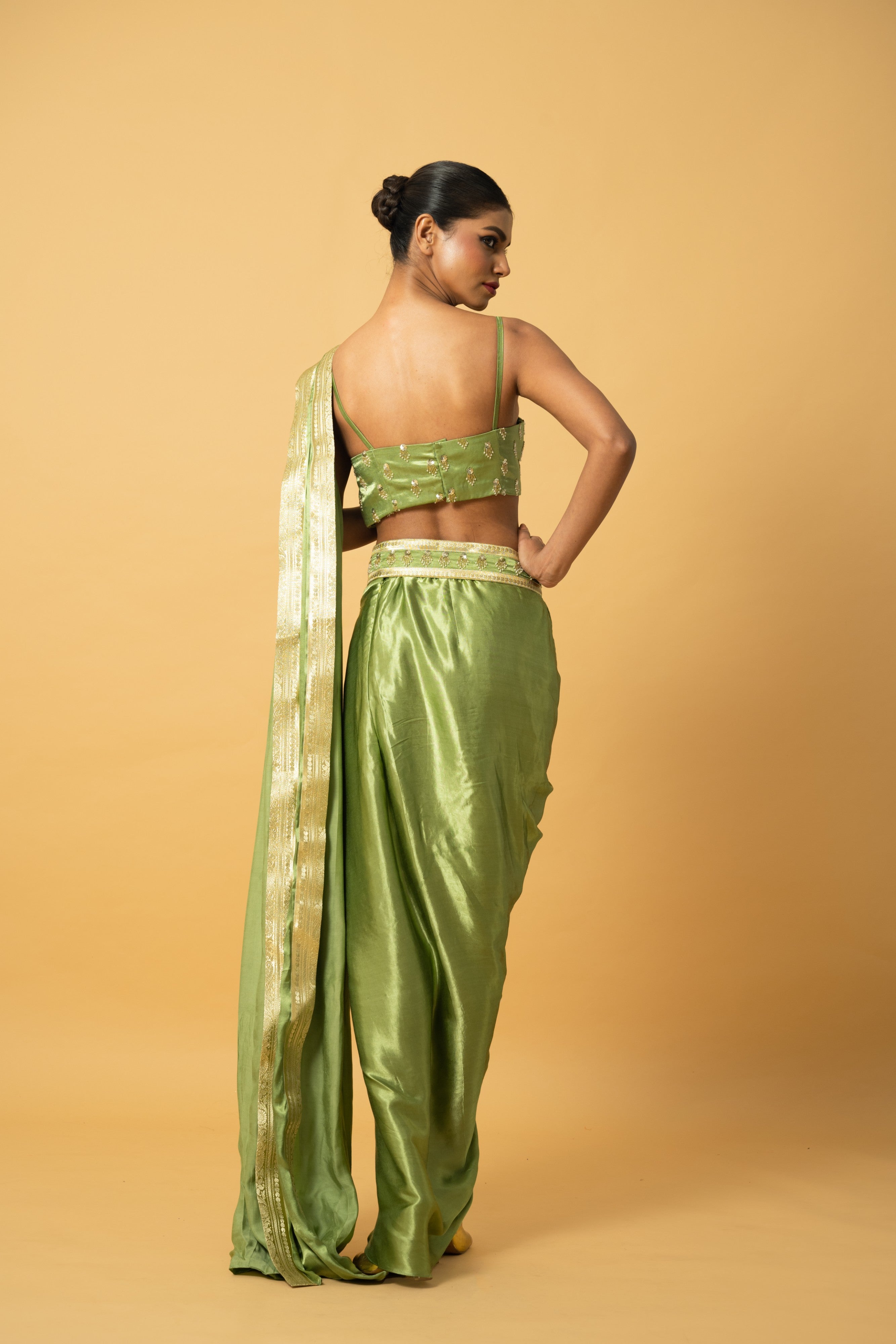 Bright Mint Green Dhoti Saree with Embroidered Blouse