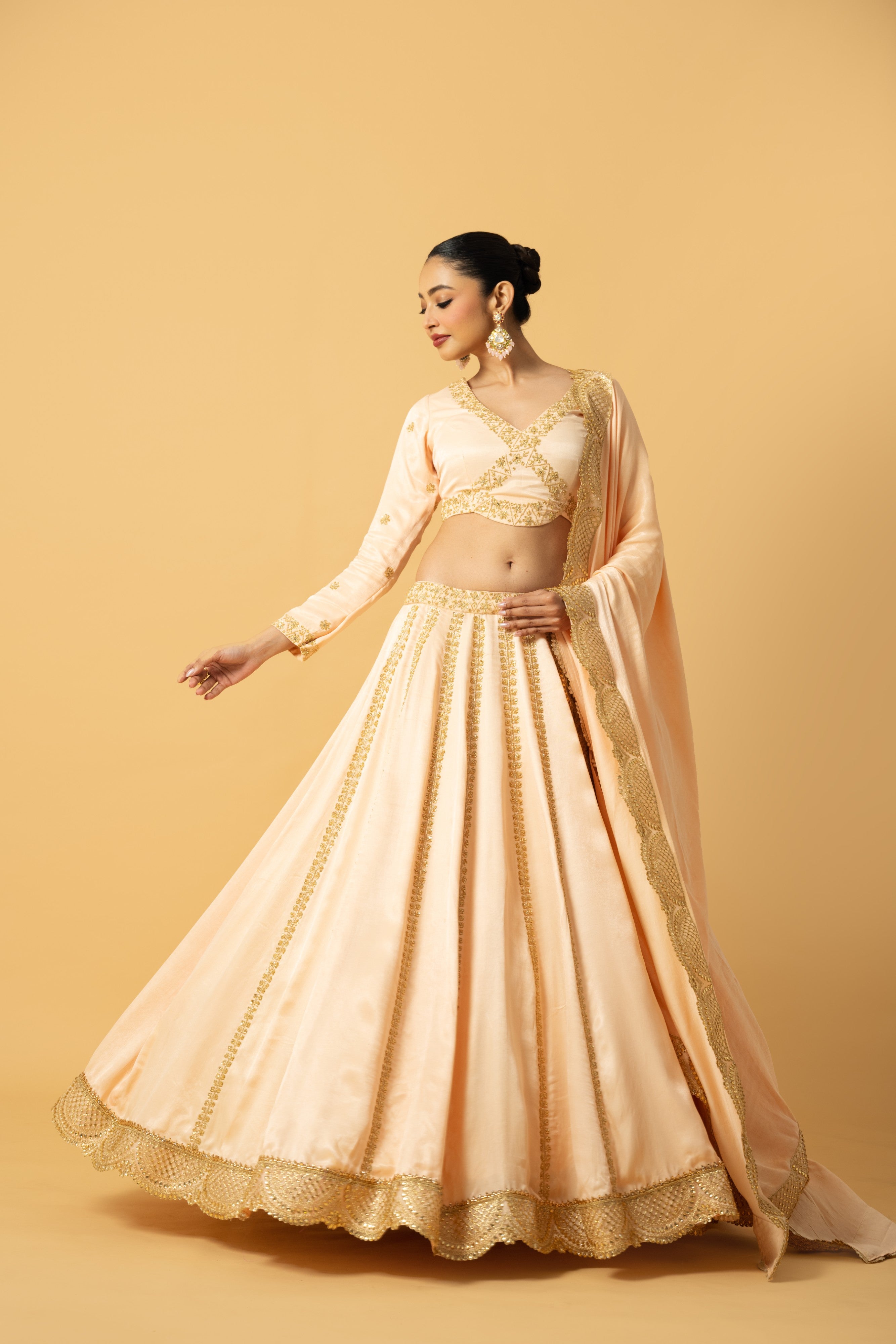 Peach Full Sleeve Modal Satin Lehenga
