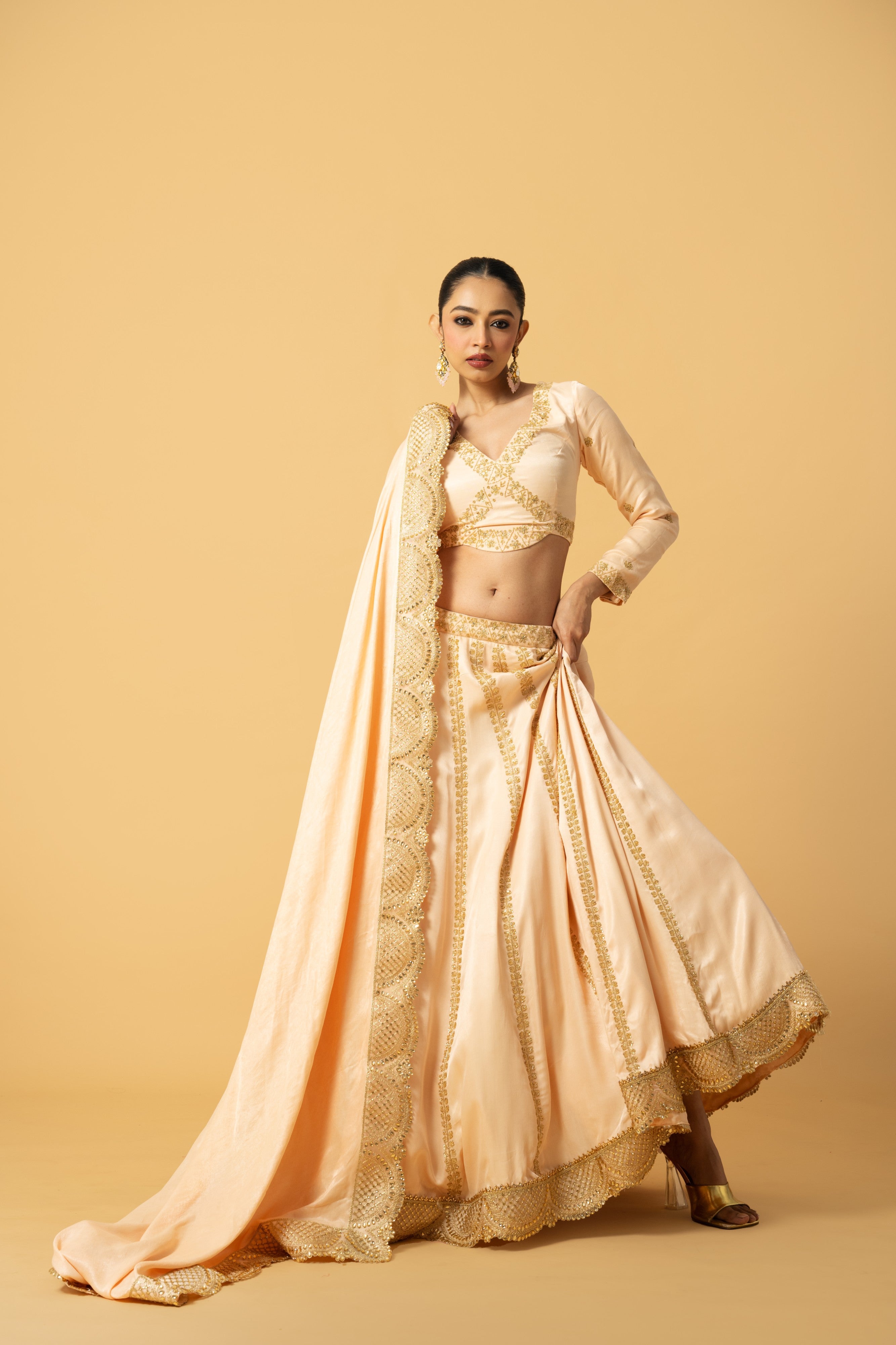 Peach Full Sleeve Modal Satin Lehenga