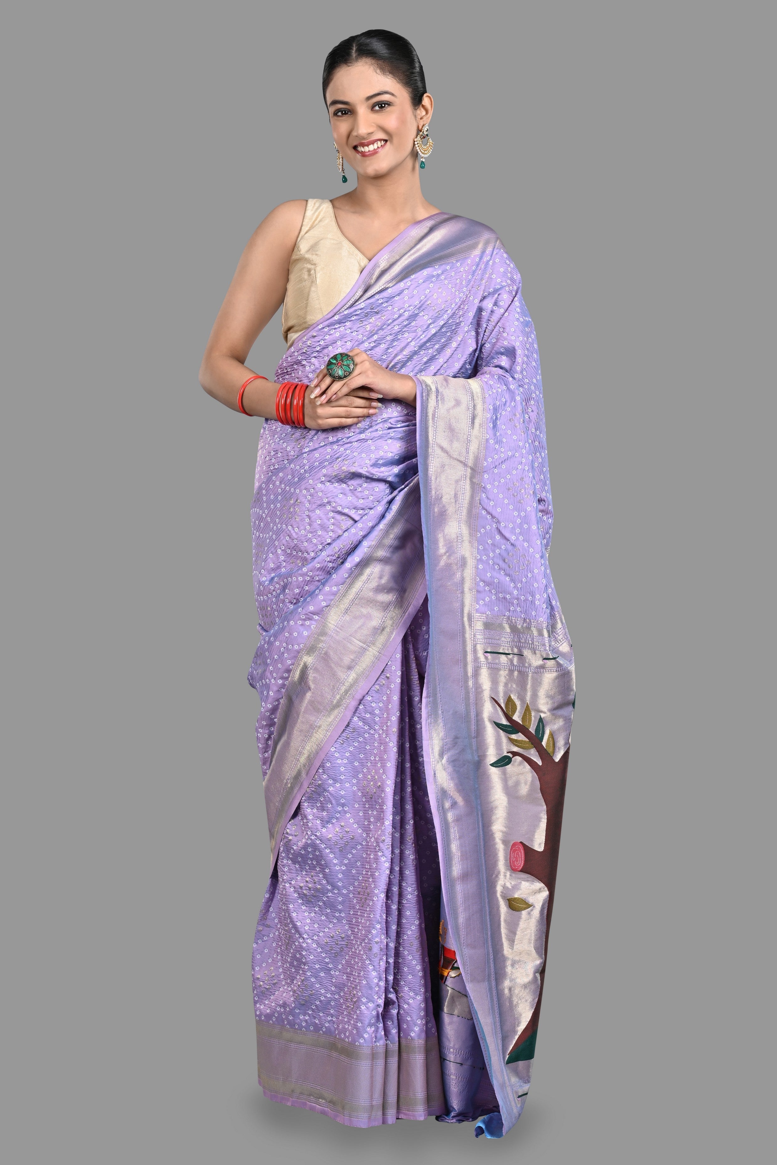 Lavender Pure Silk Paithani Bandhej work Saree