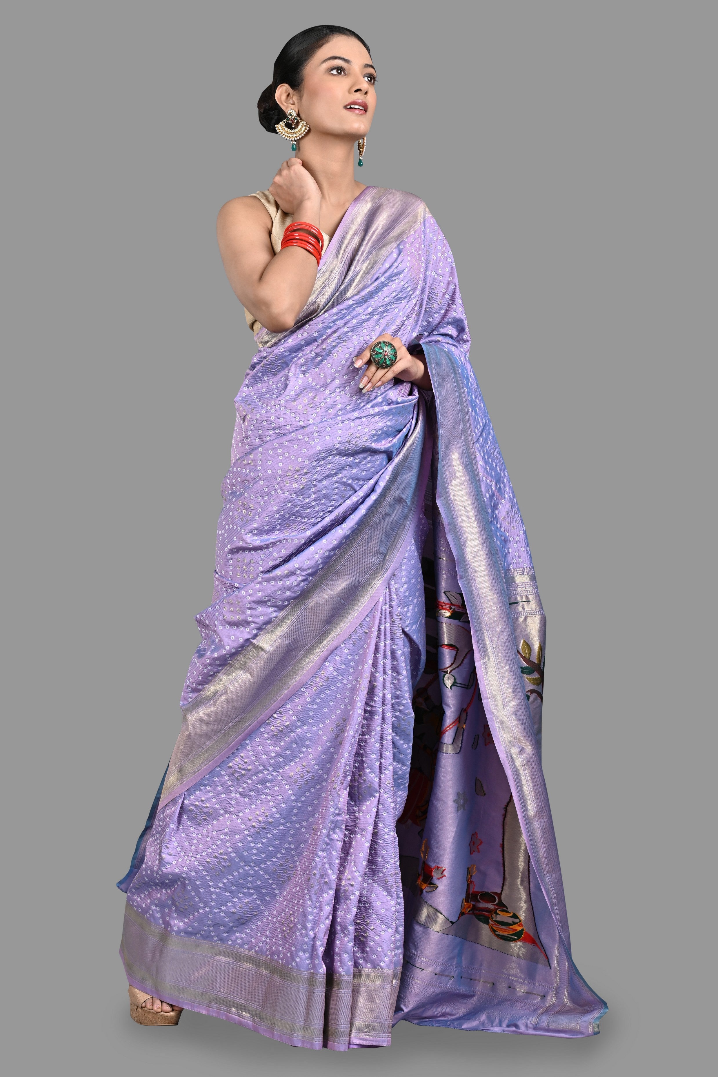 Lavender Pure Silk Paithani Bandhej work Saree