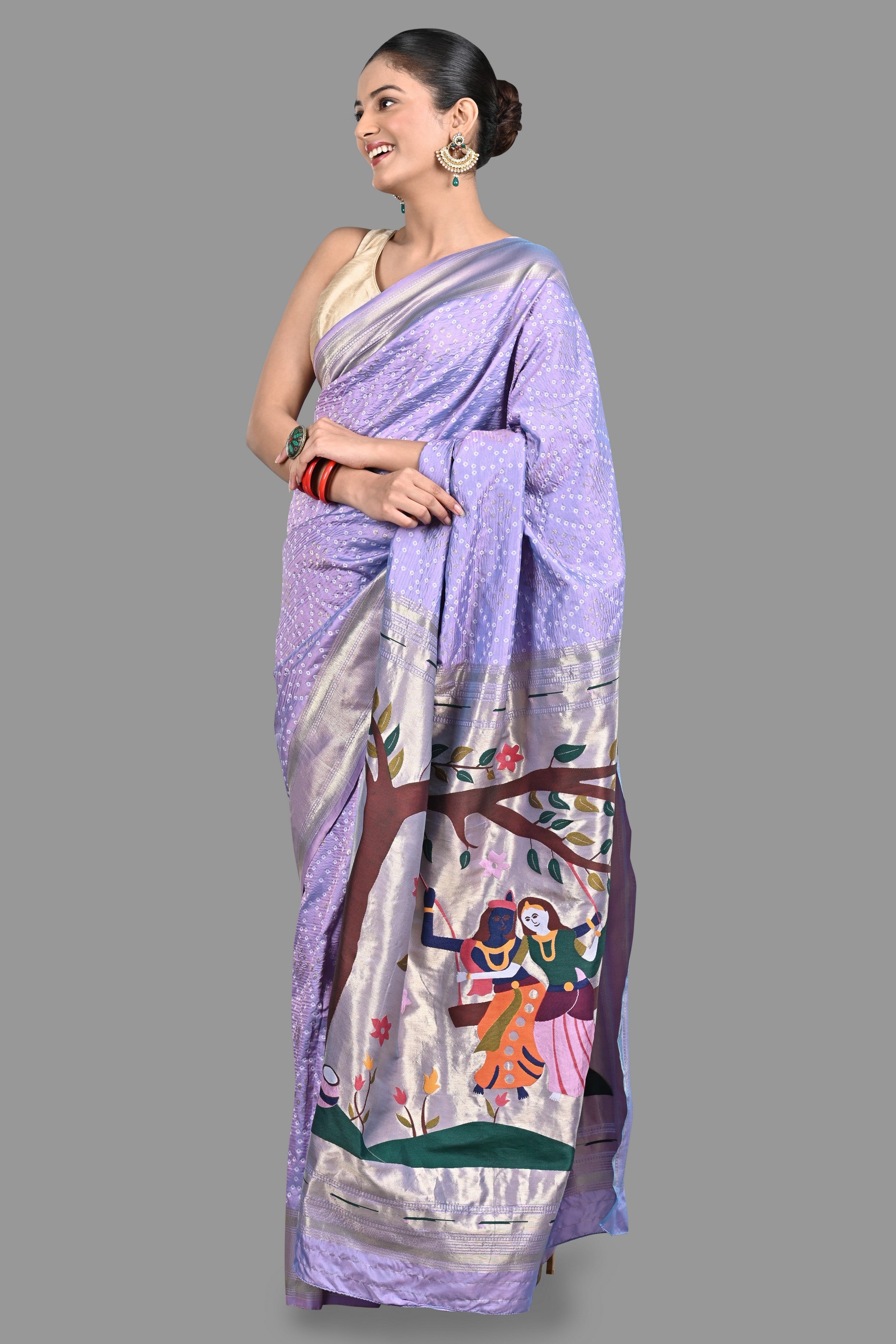 Lavender Pure Silk Paithani Bandhej work Saree