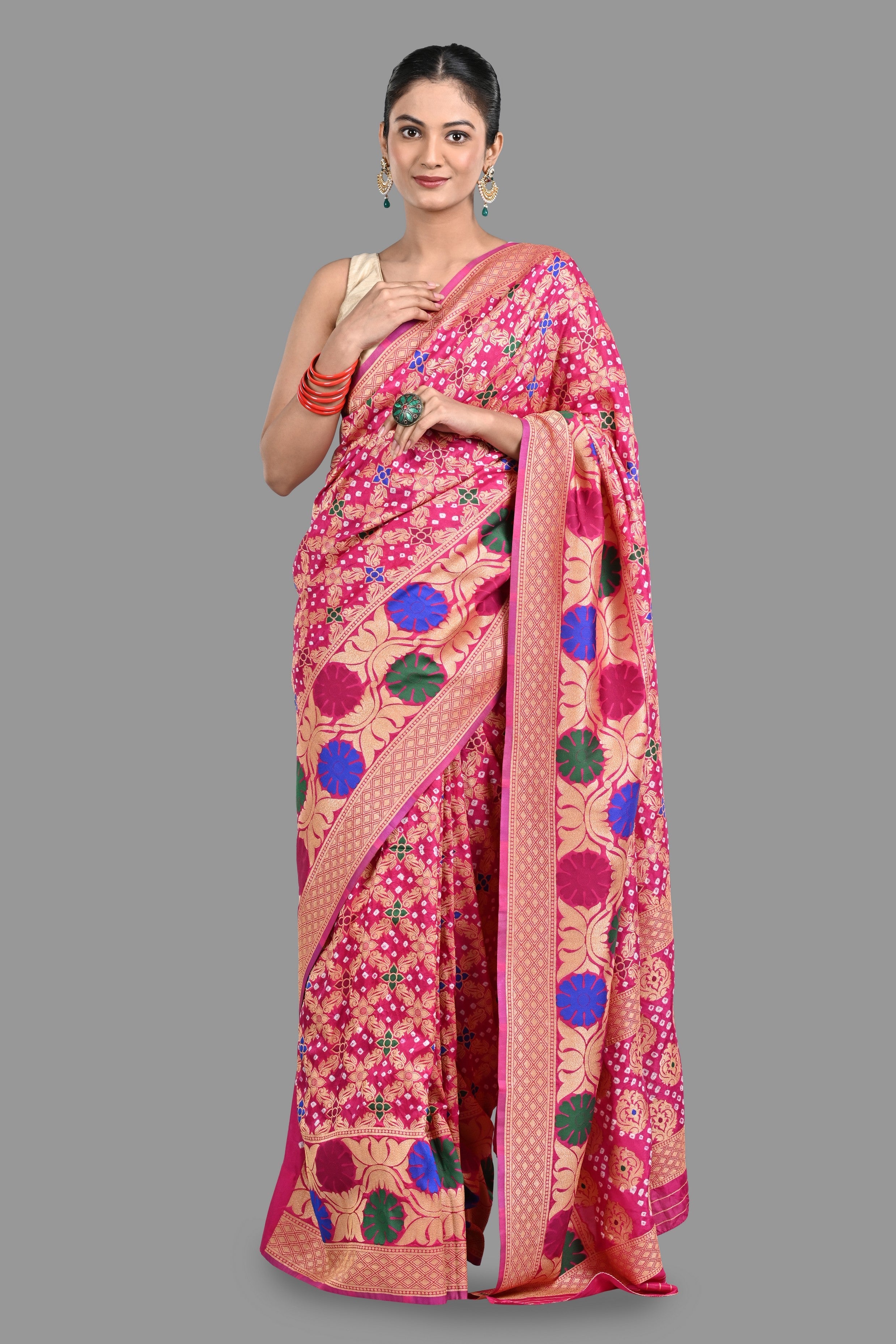 Hot Pink Pure Silk bandhej Work handloom Saree