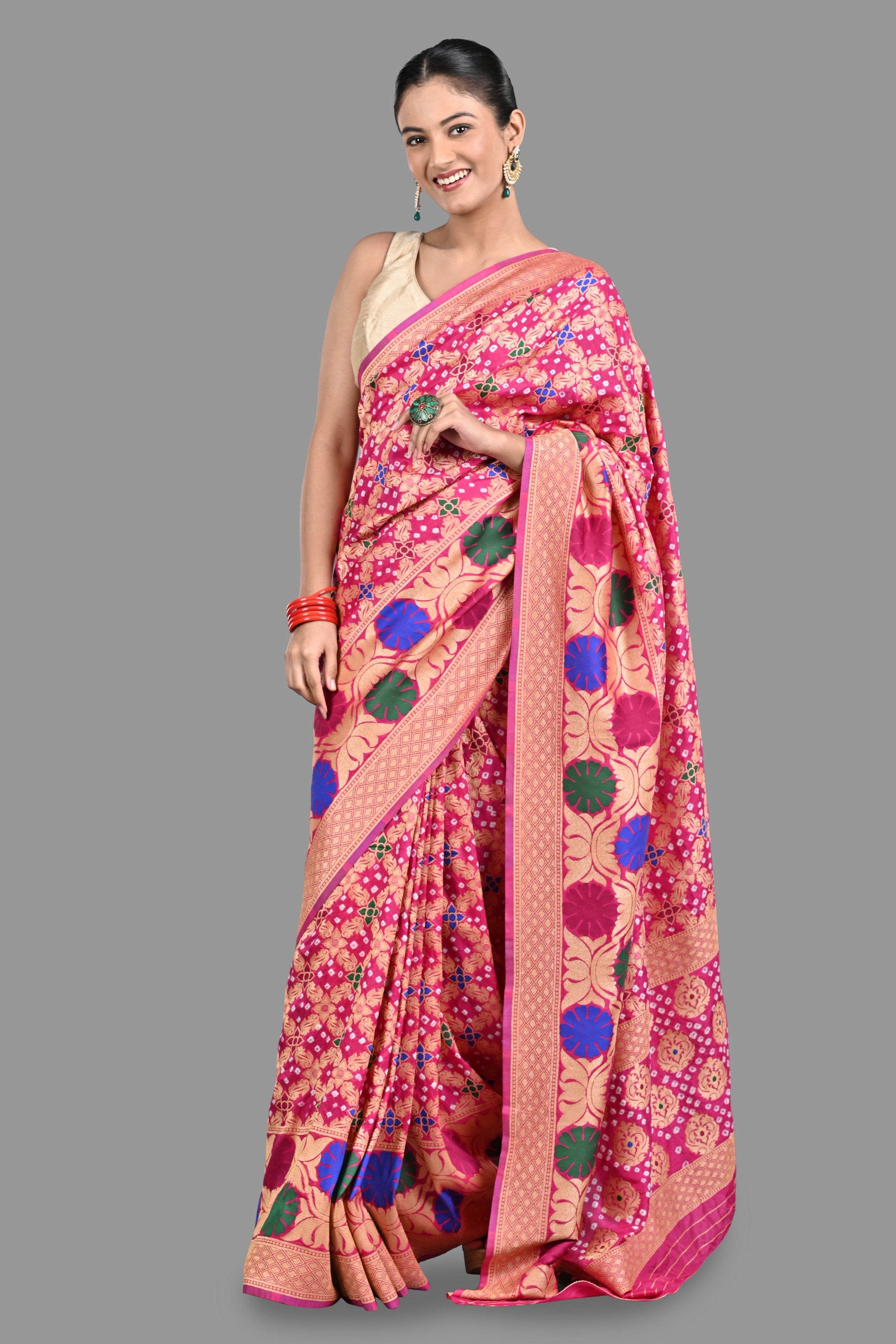 Hot Pink Pure Silk bandhej Work handloom Saree