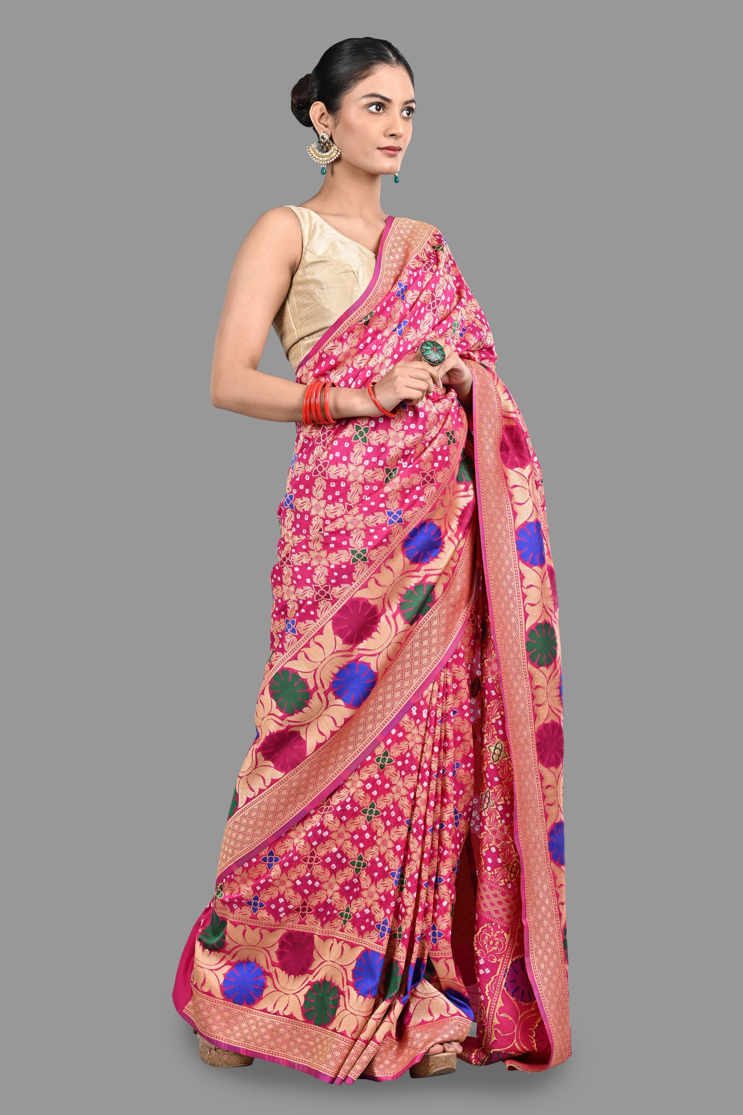 Hot Pink Pure Silk bandhej Work handloom Saree