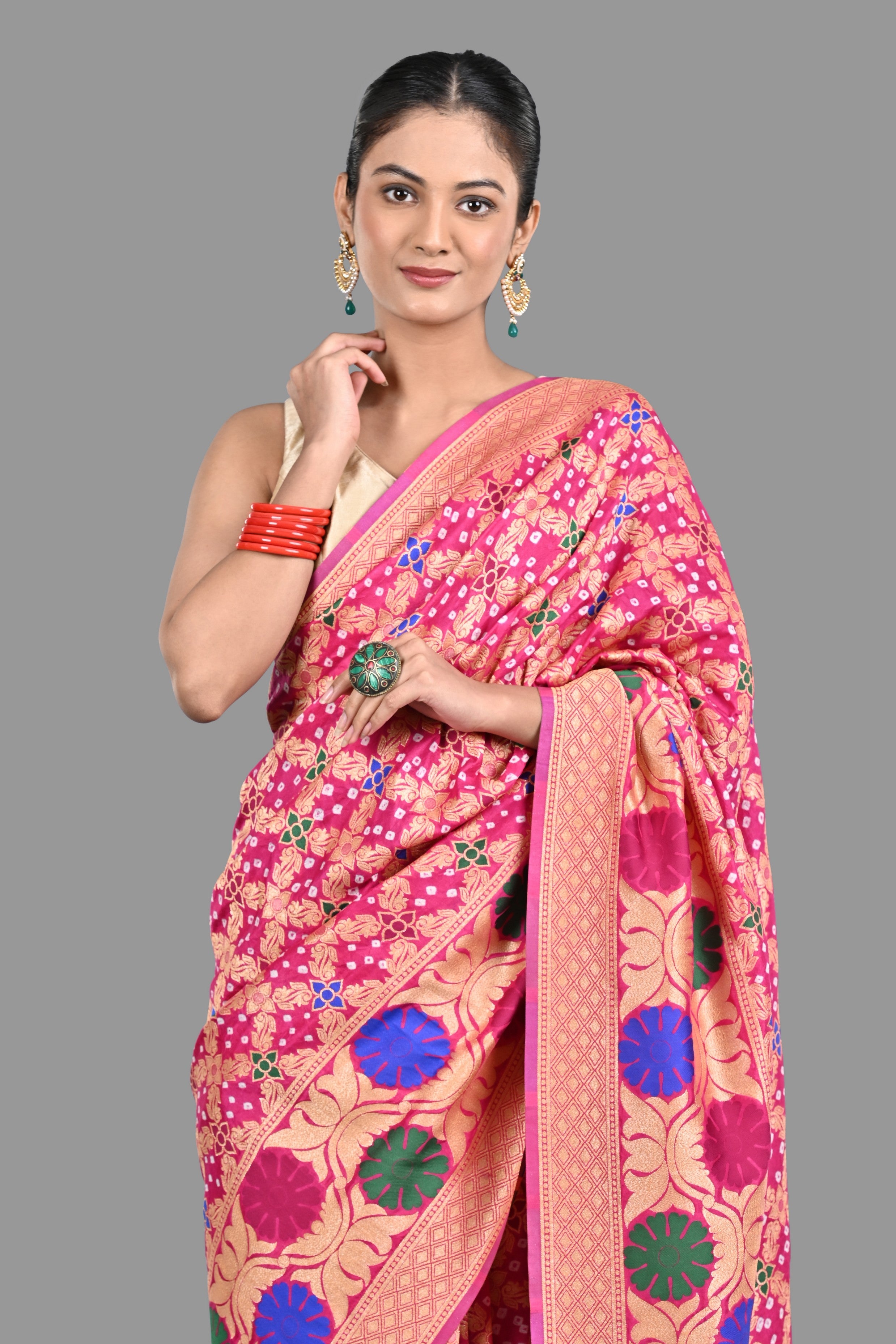 Hot Pink Pure Silk bandhej Work handloom Saree