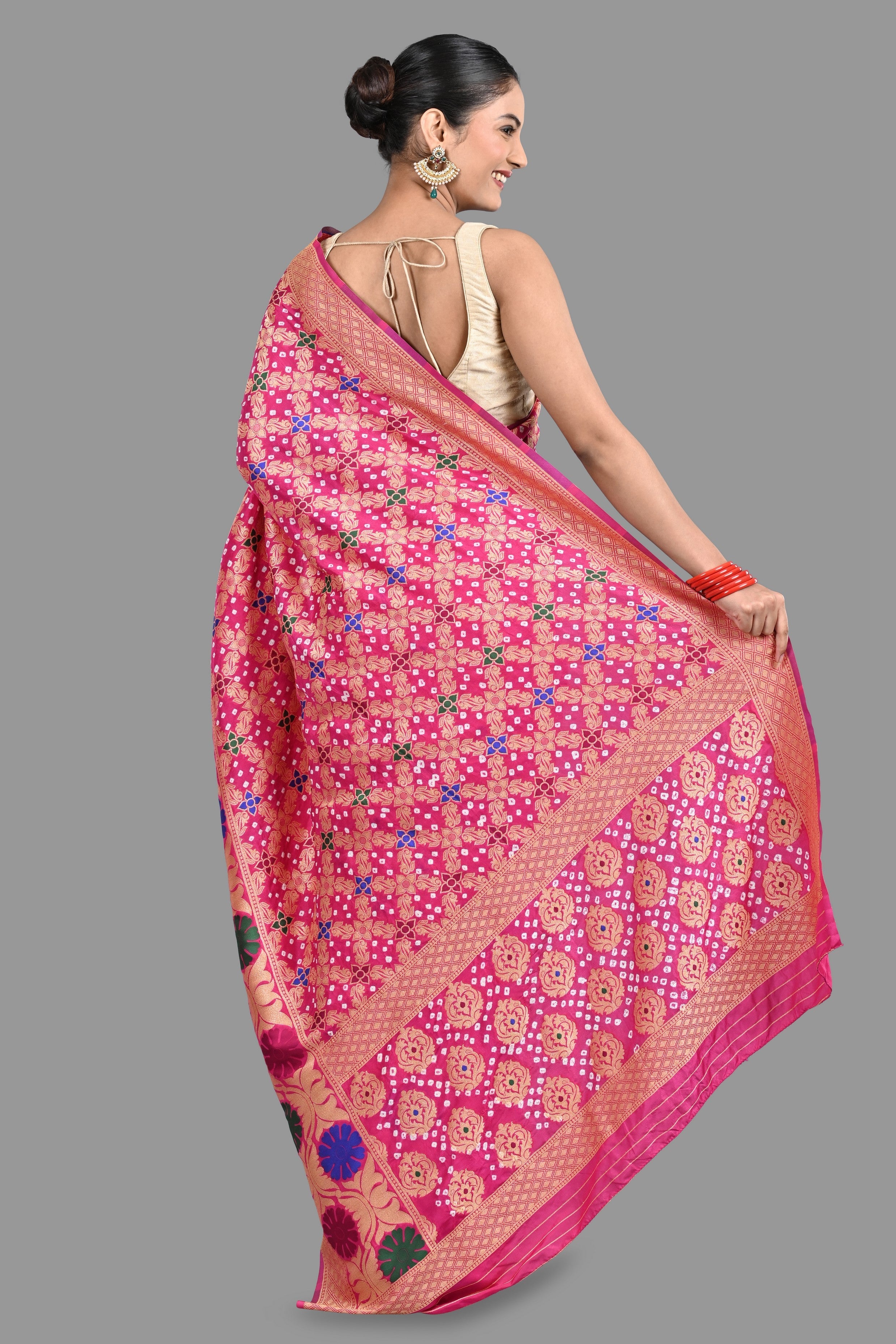 Hot Pink Pure Silk bandhej Work handloom Saree