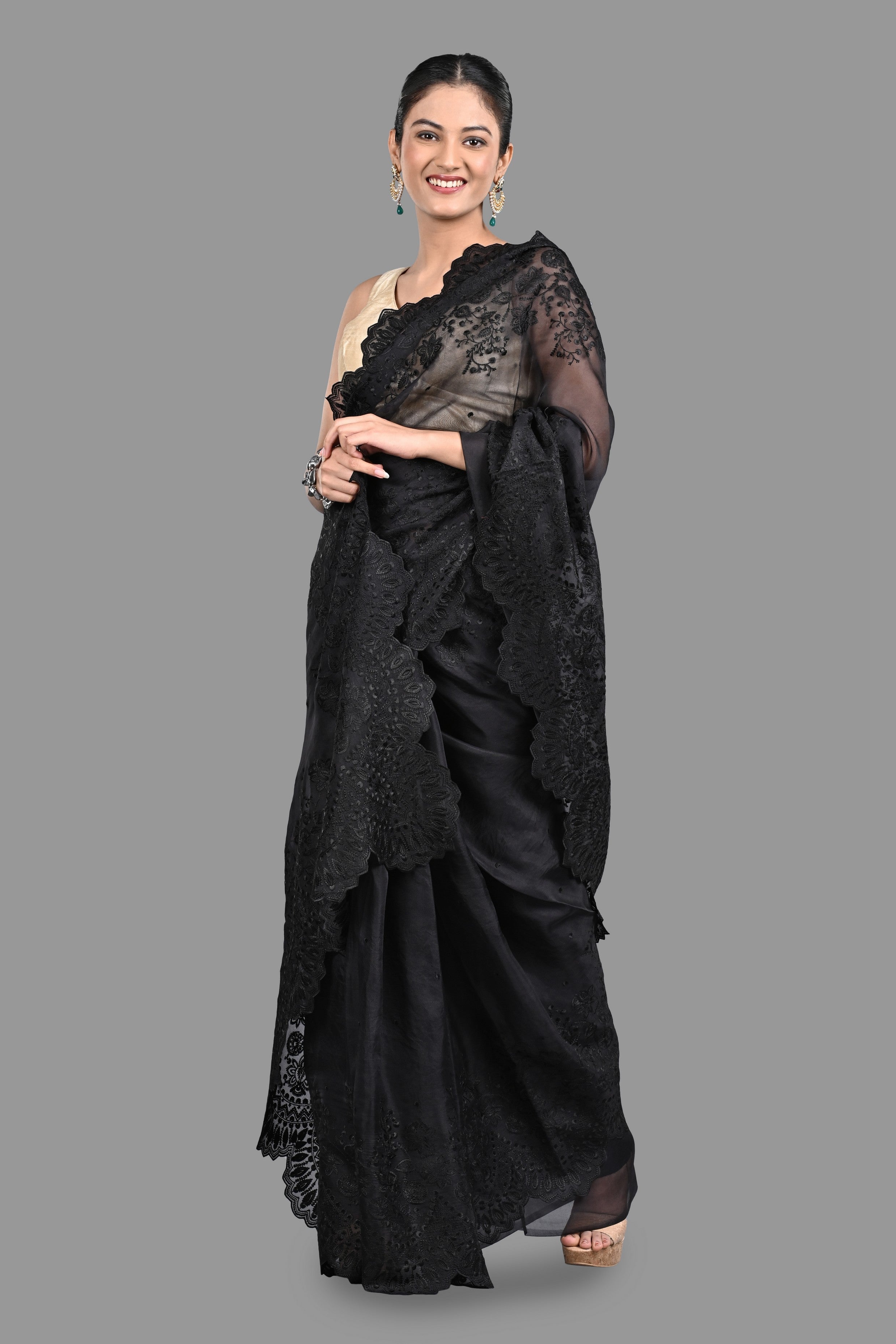 Black pure Organza Silk Saree with chikankari Hand Embroidery