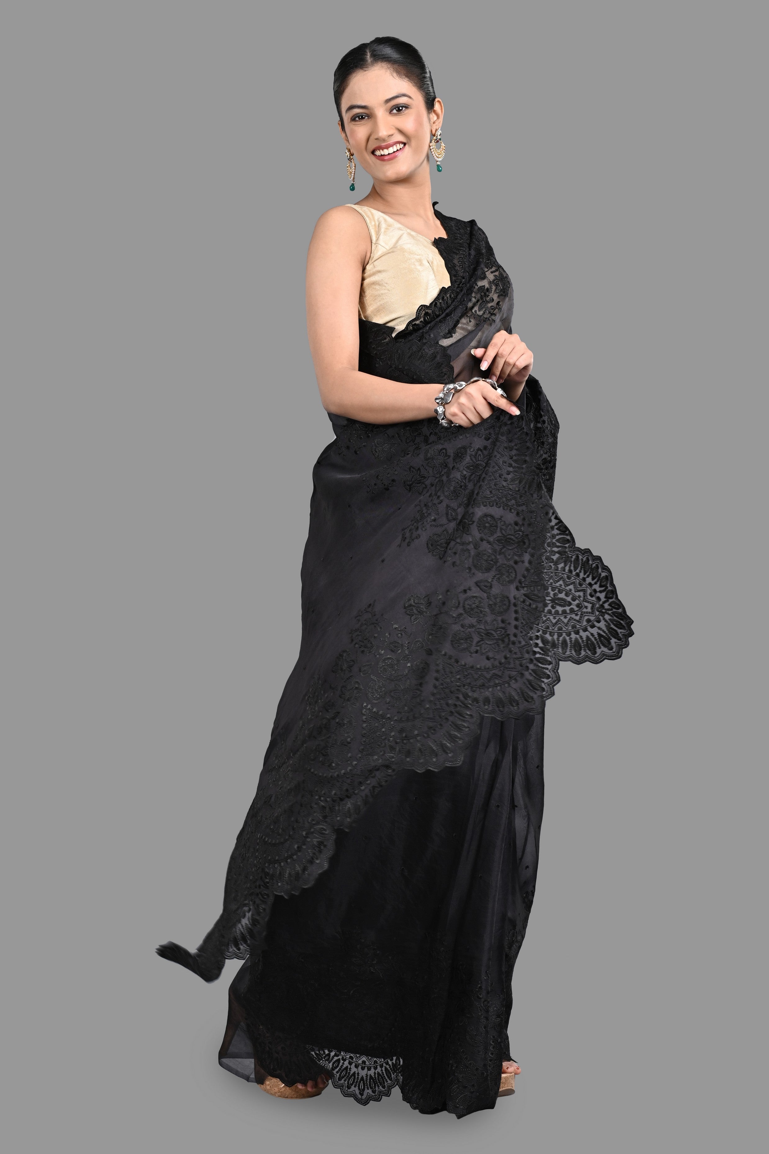 Black pure Organza Silk Saree with chikankari Hand Embroidery