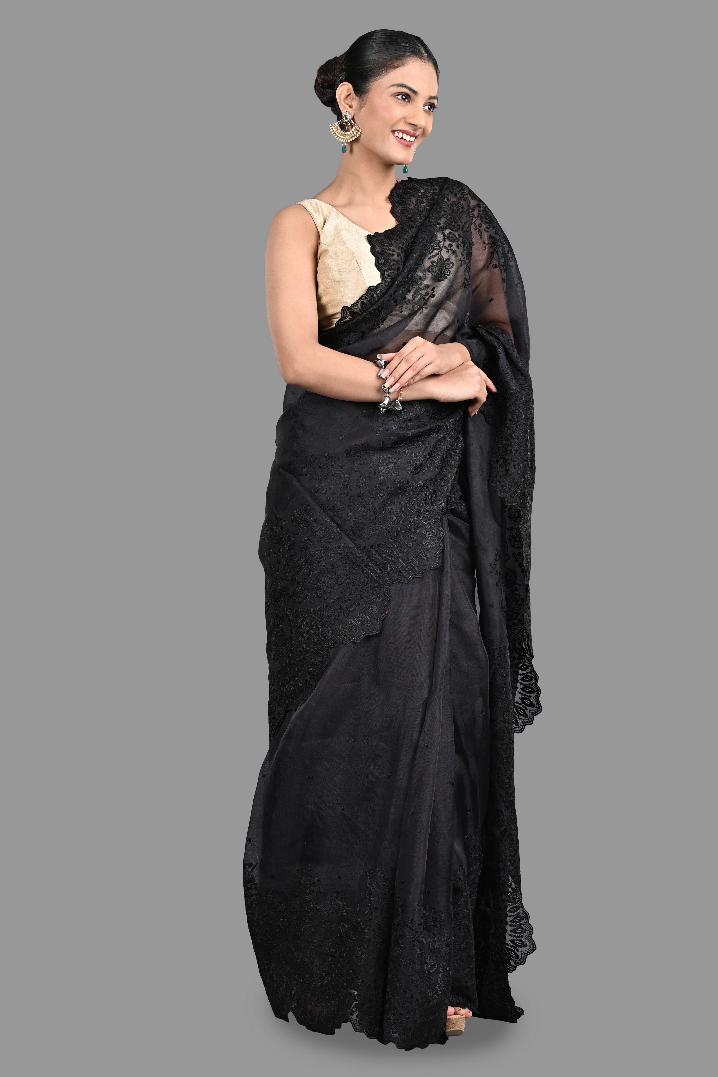 Black pure Organza Silk Saree with chikankari Hand Embroidery