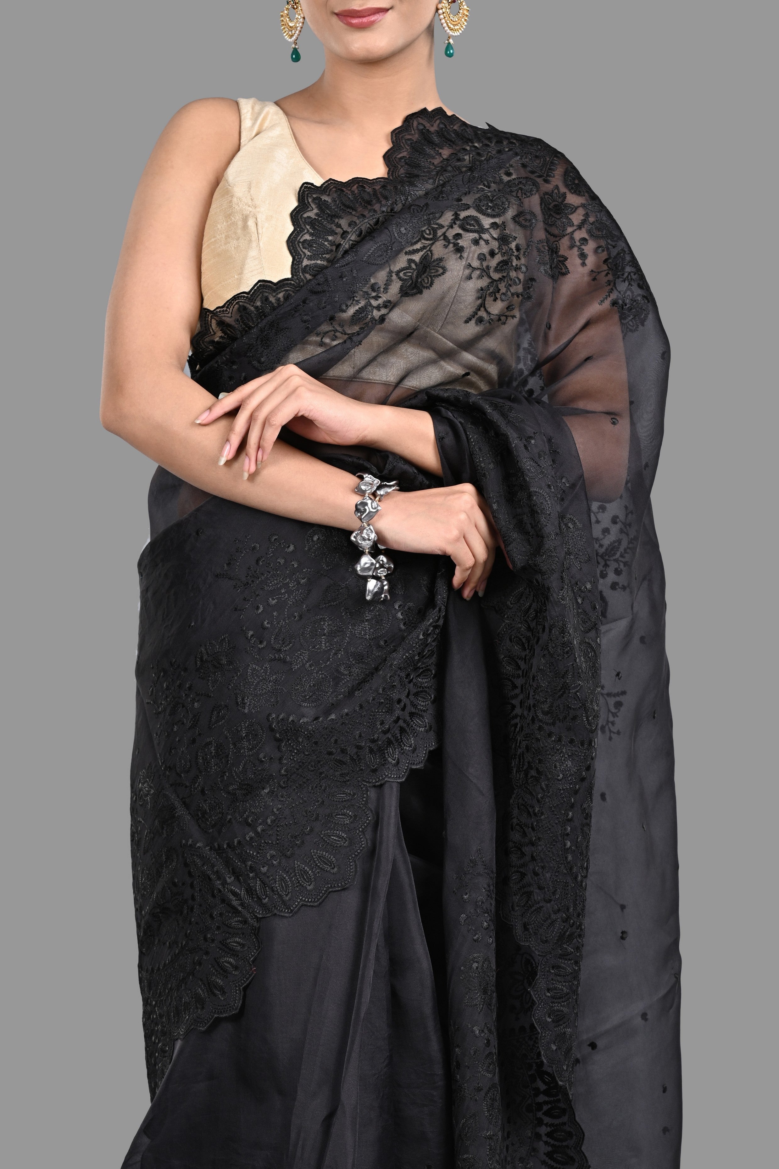 Black pure Organza Silk Saree with chikankari Hand Embroidery