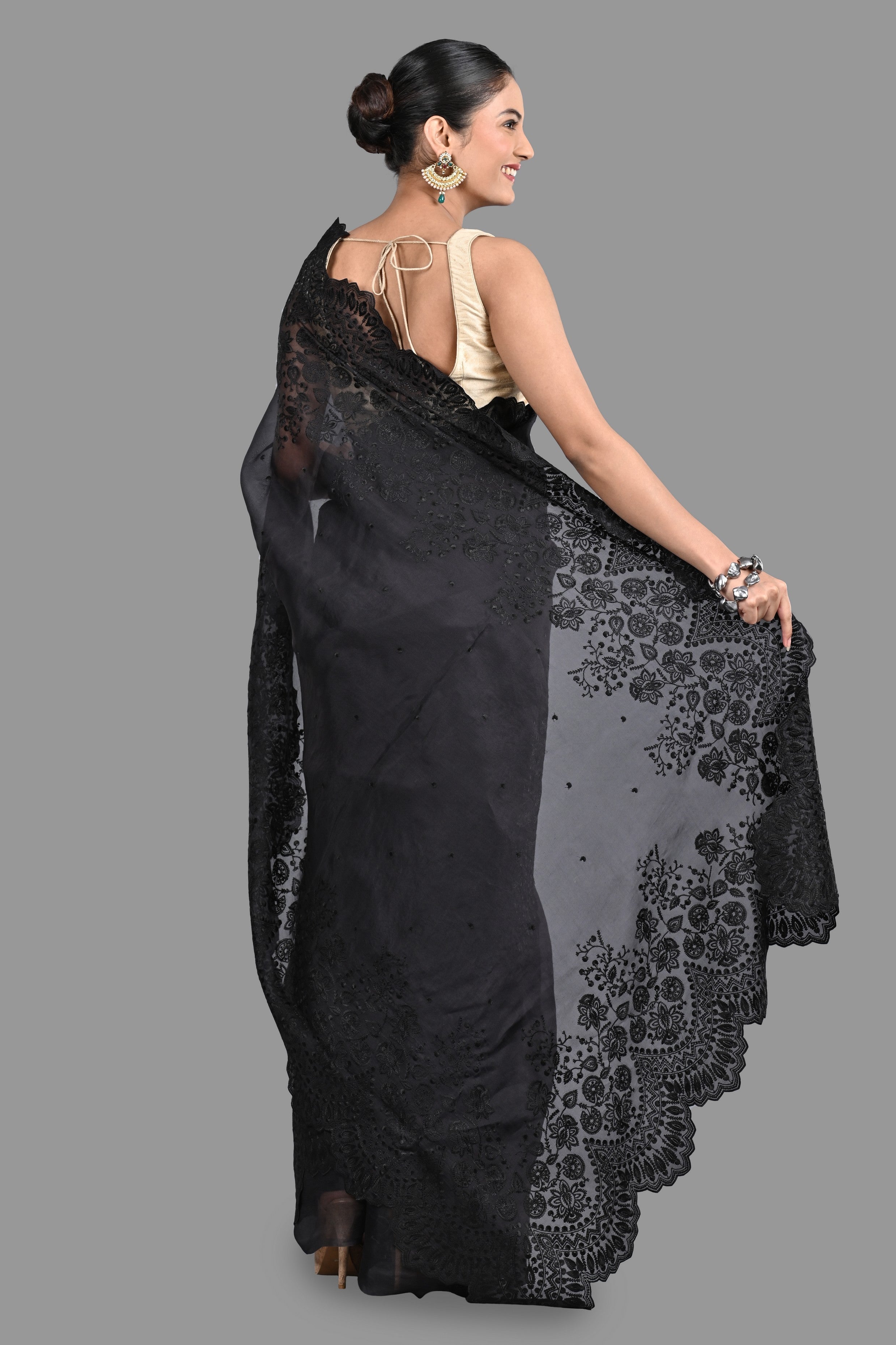 Black pure Organza Silk Saree with chikankari Hand Embroidery