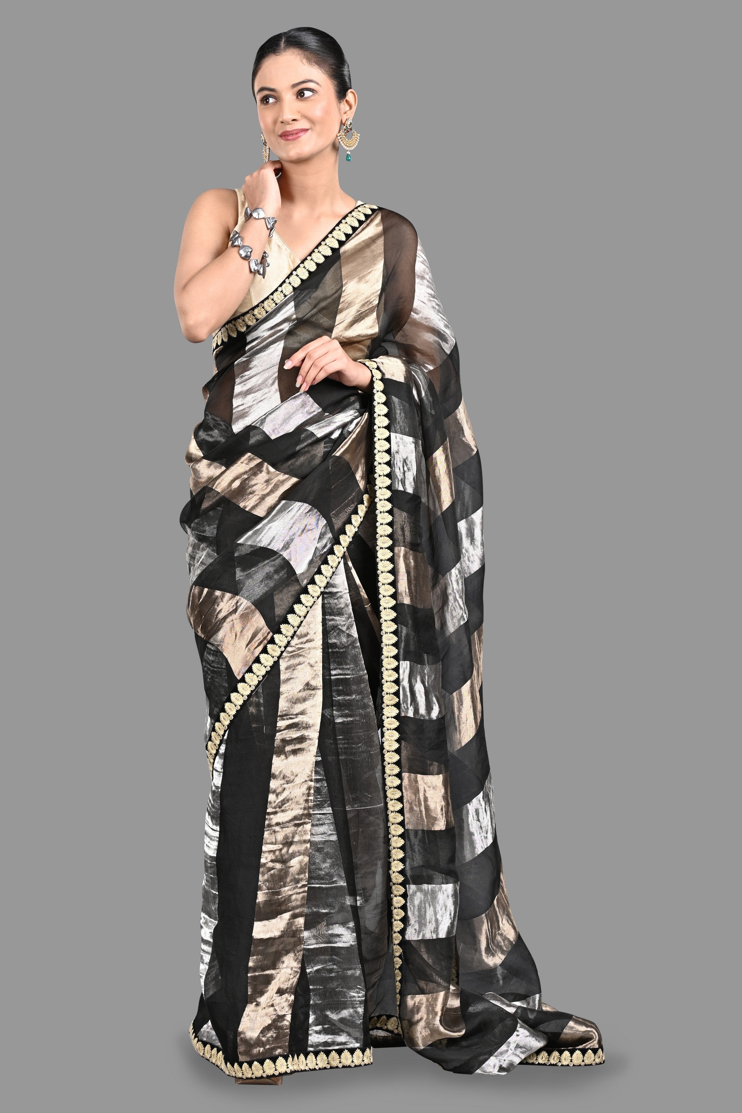 Black Pure Organza Silk Stripe Zari saree