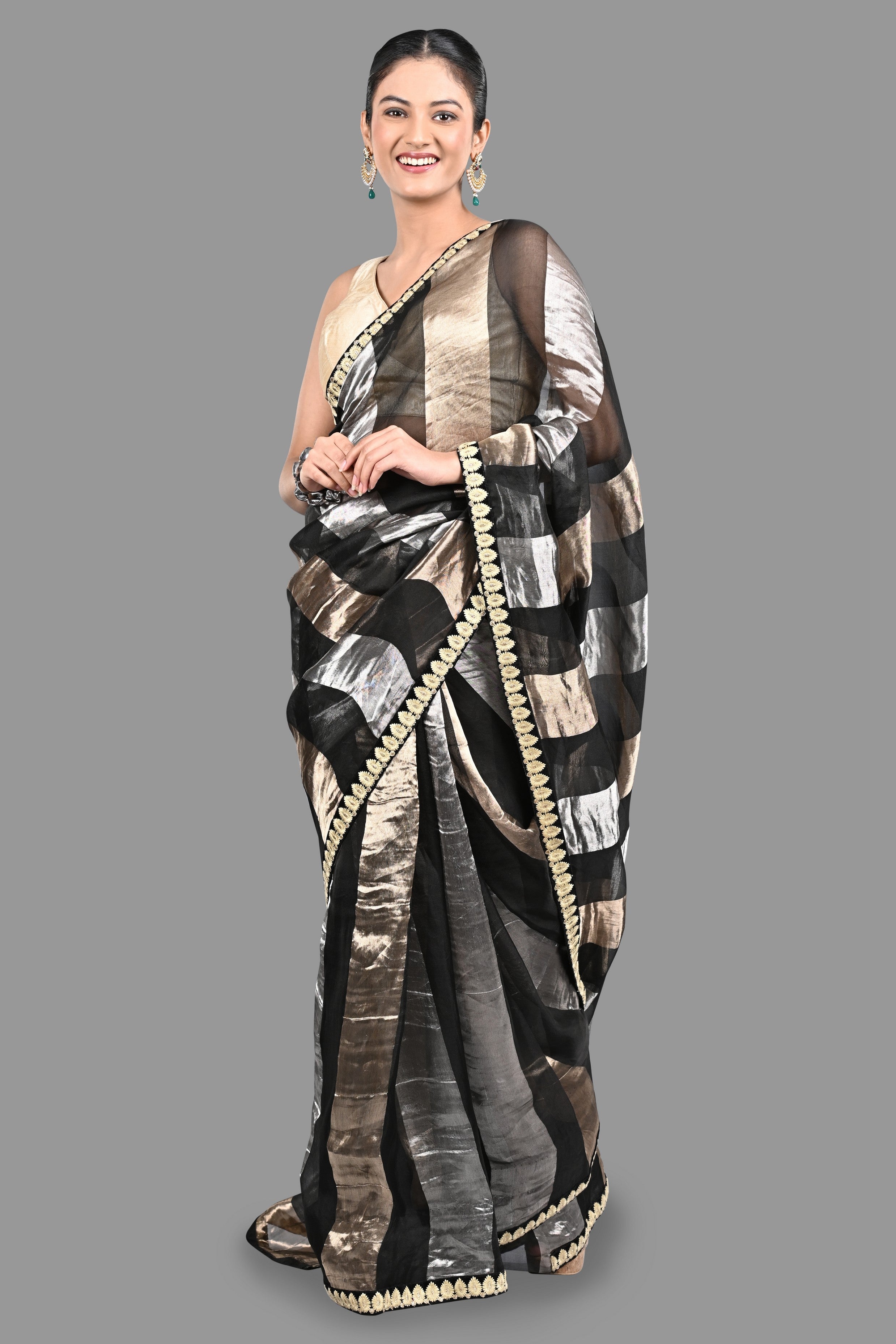 Black Pure Organza Silk Stripe Zari saree