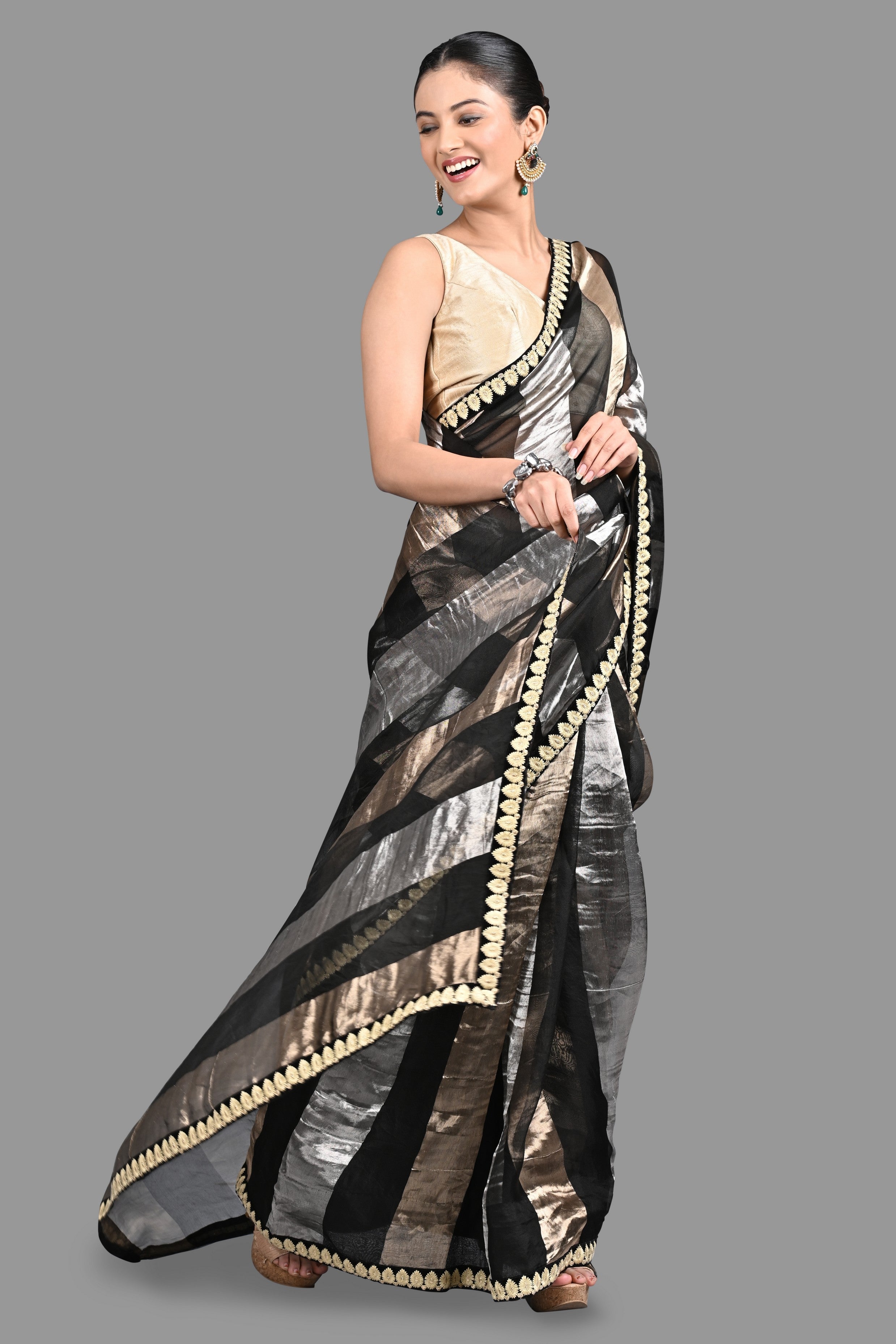 Black Pure Organza Silk Stripe Zari saree