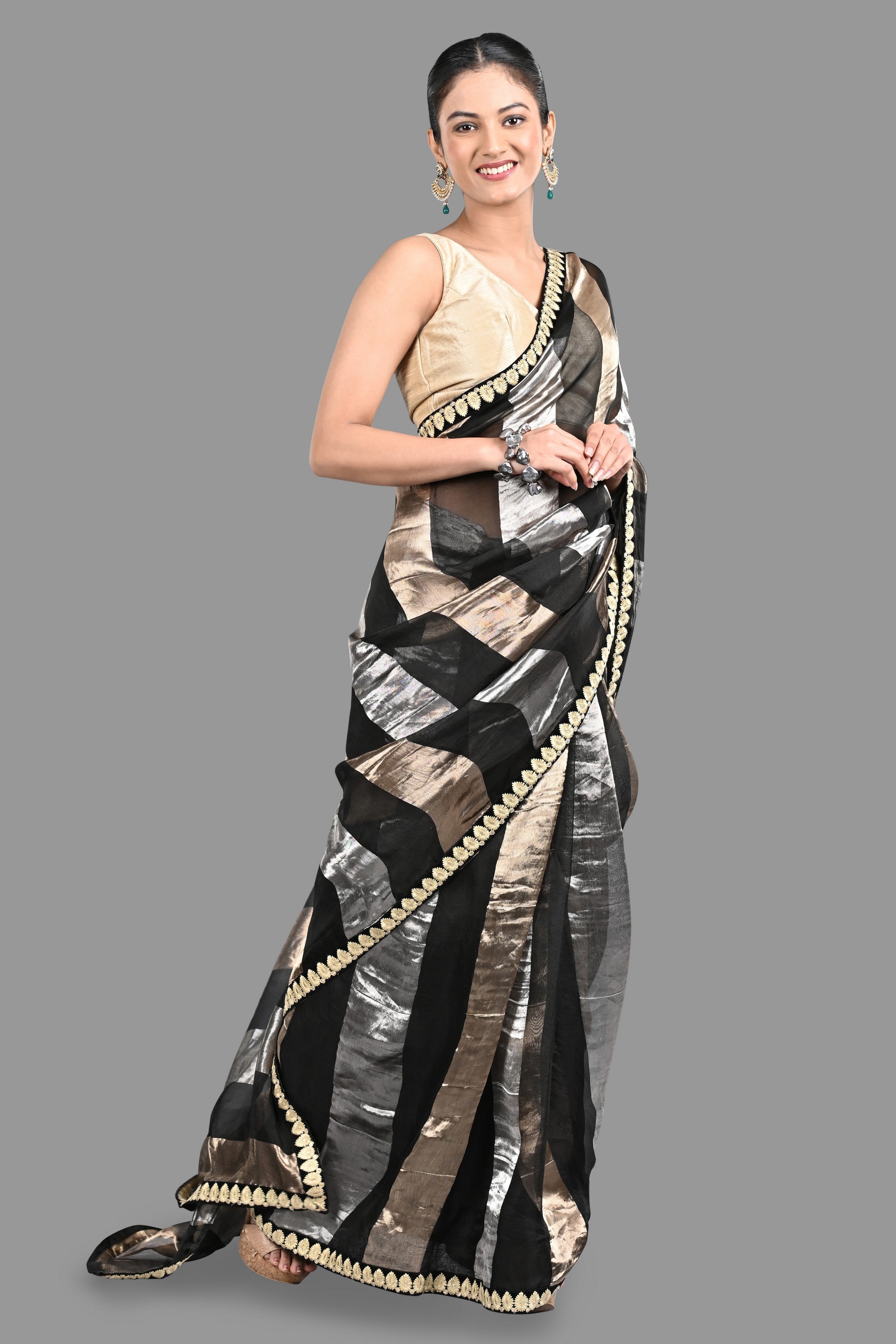 Black Pure Organza Silk Stripe Zari saree