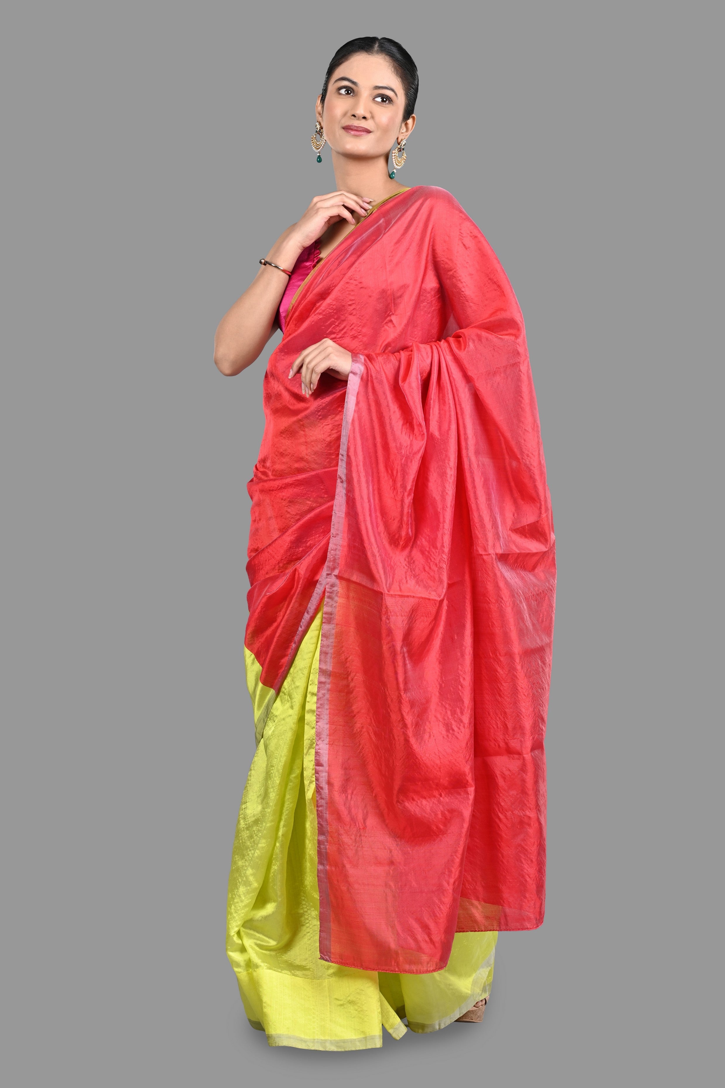 Neon Green-Pink Pure Chanderi Silk saree