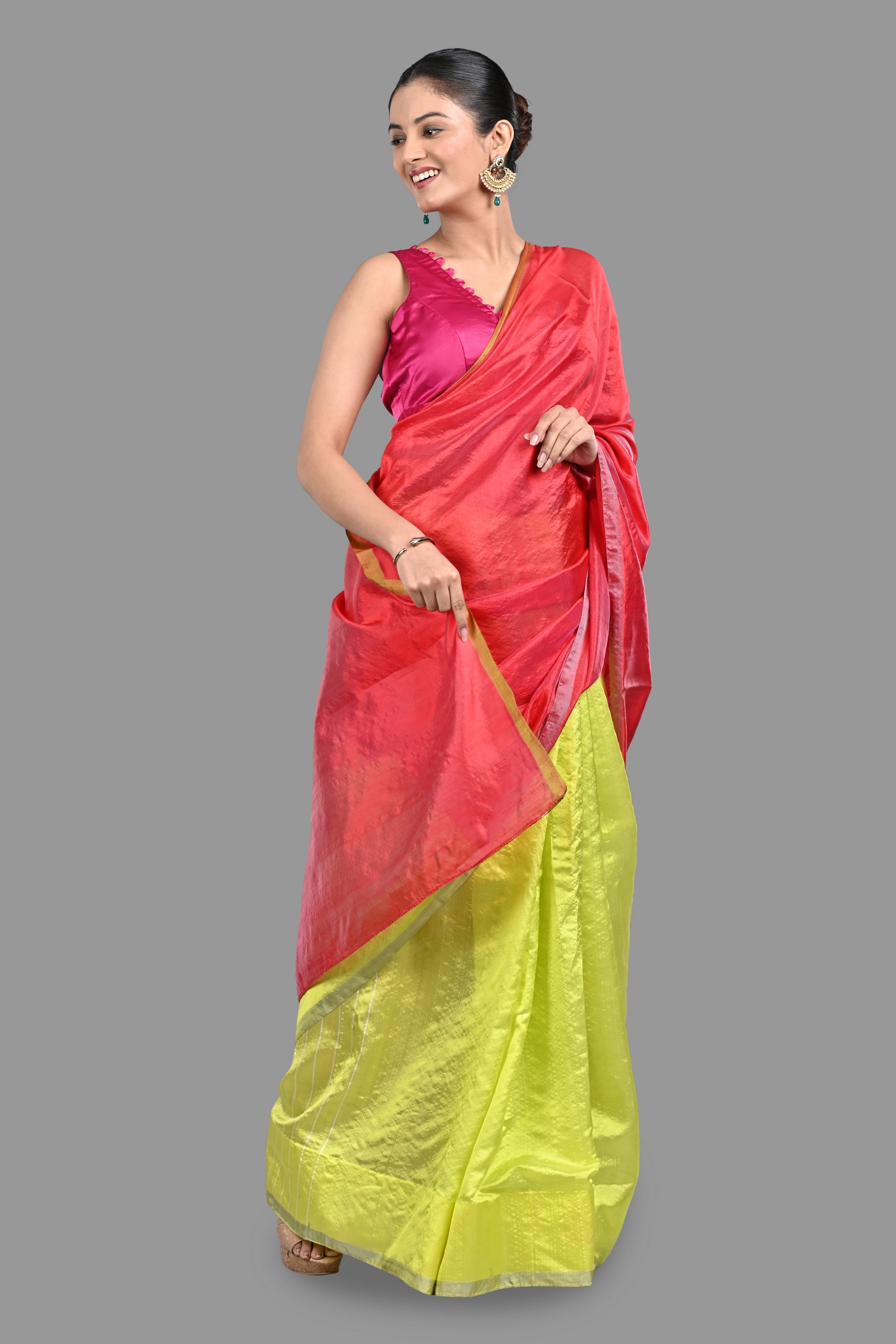 Neon Green-Pink Pure Chanderi Silk saree