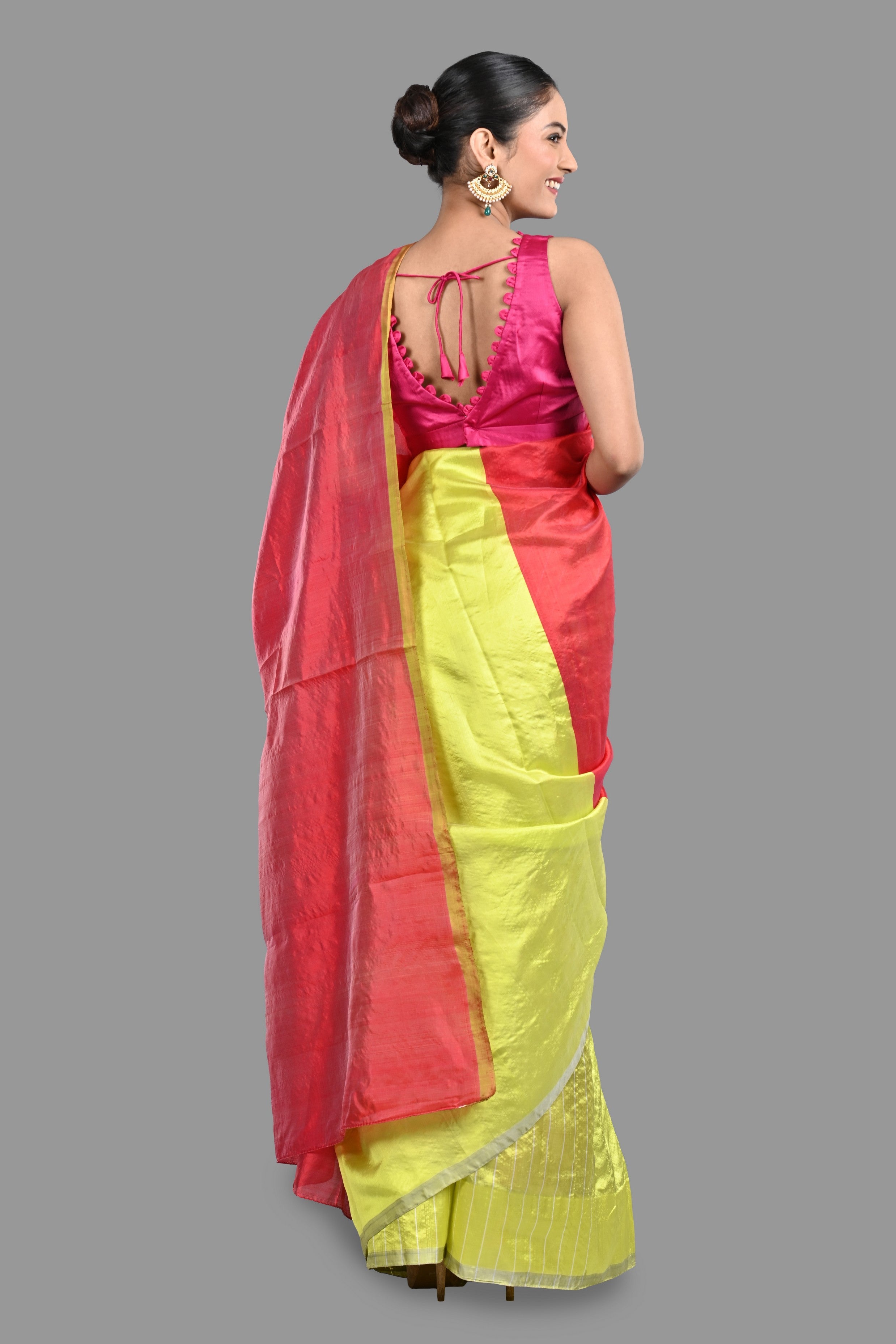 Neon Green-Pink Pure Chanderi Silk saree