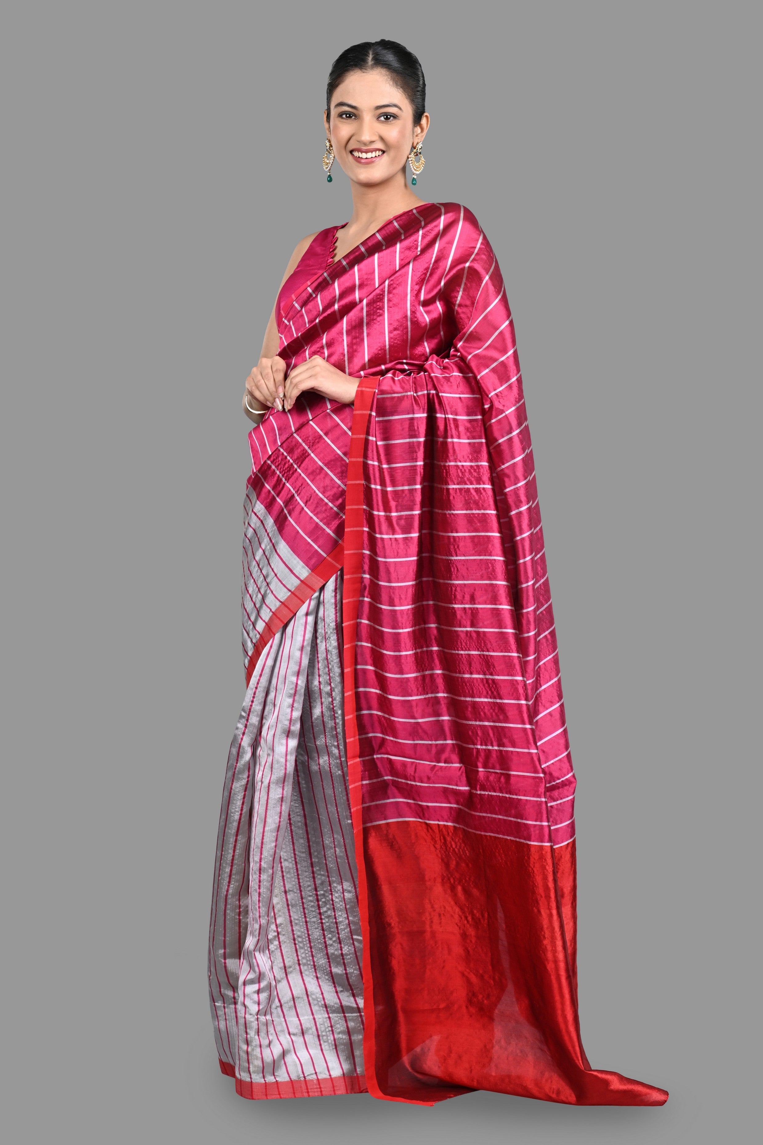 Silver-hot Pink MC Pure Chanderi Silk saree