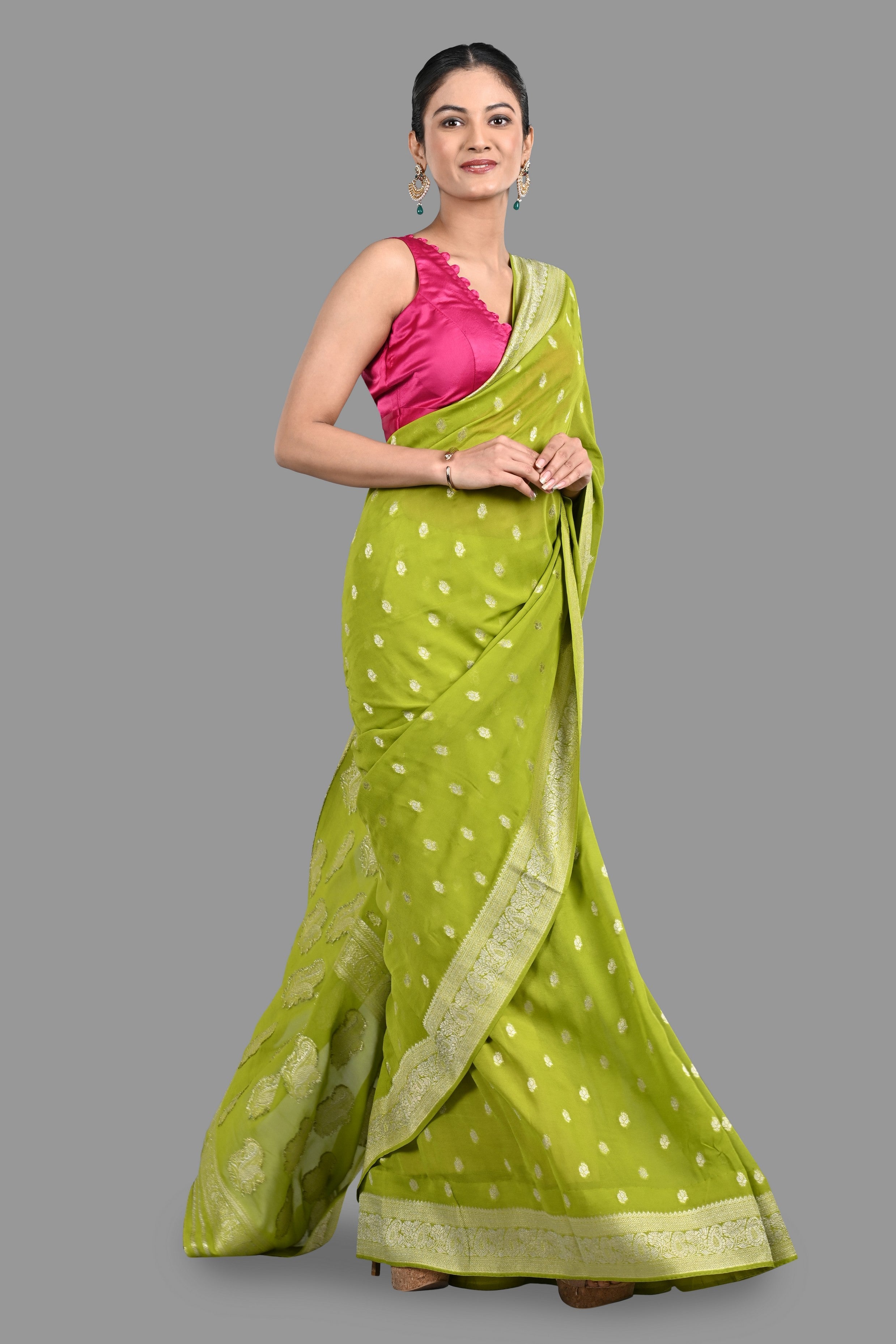 Pista Green Chiffon Banarasi Silk Handloom Saree