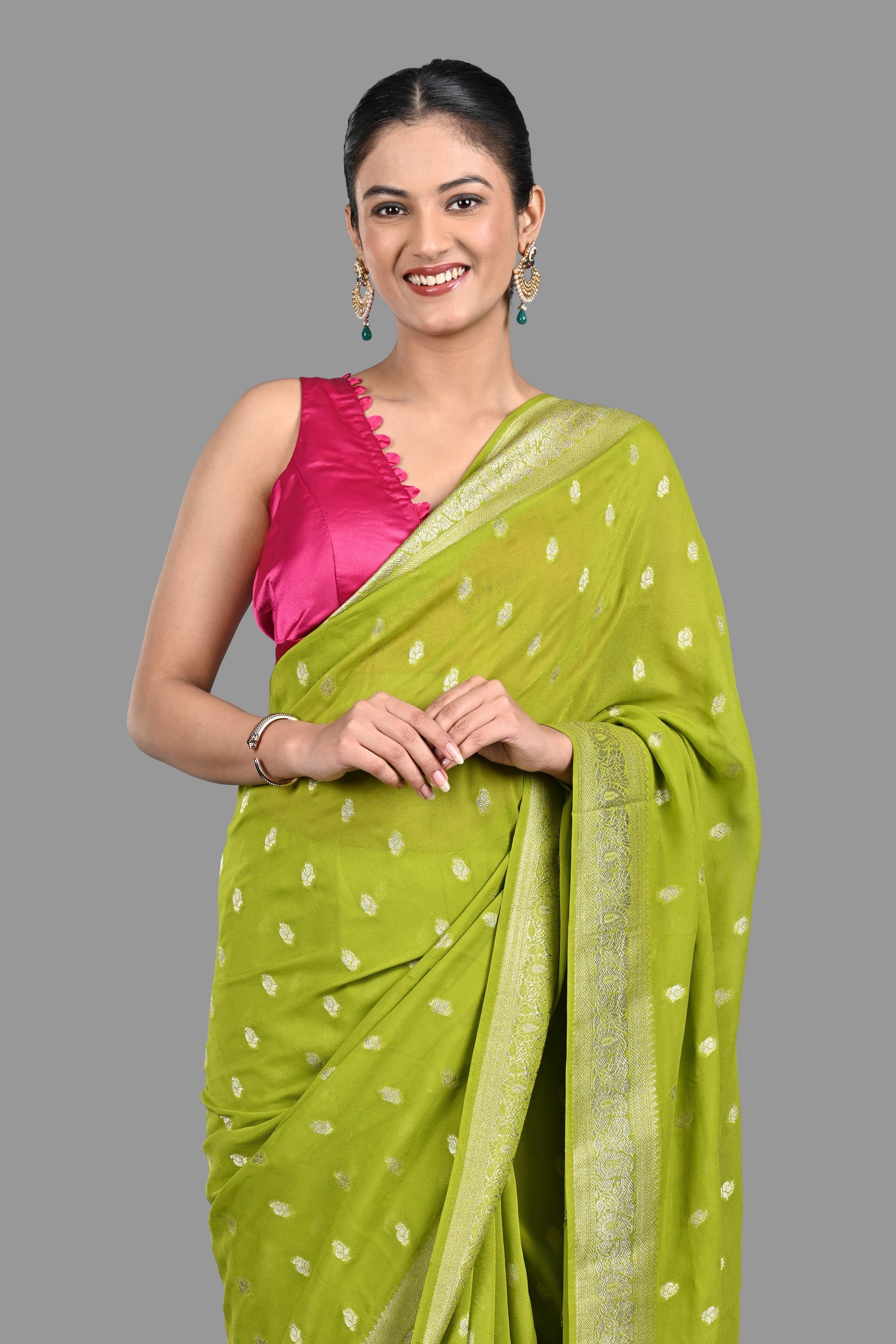 Pista Green Chiffon Banarasi Silk Handloom Saree