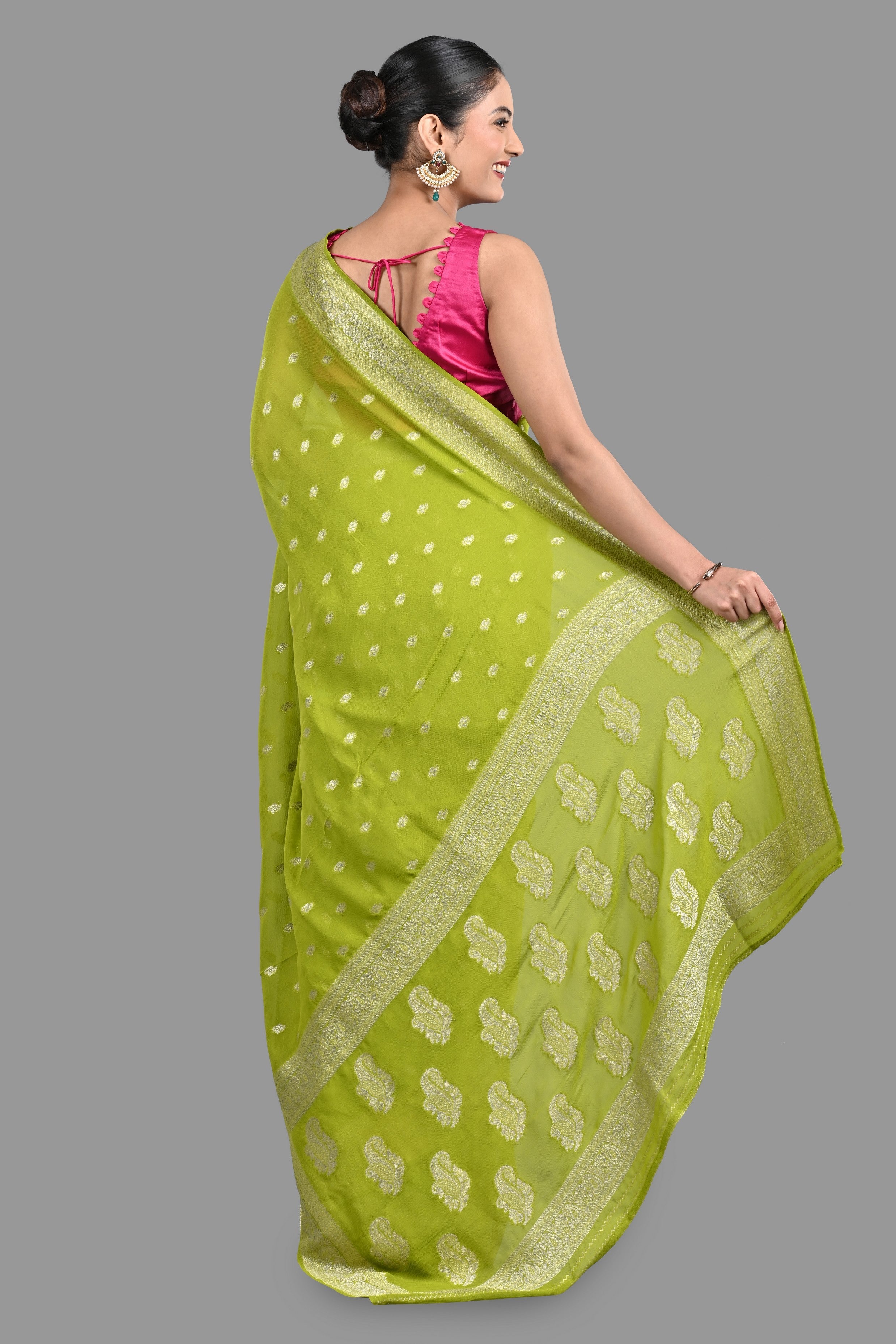 Pista Green Chiffon Banarasi Silk Handloom Saree