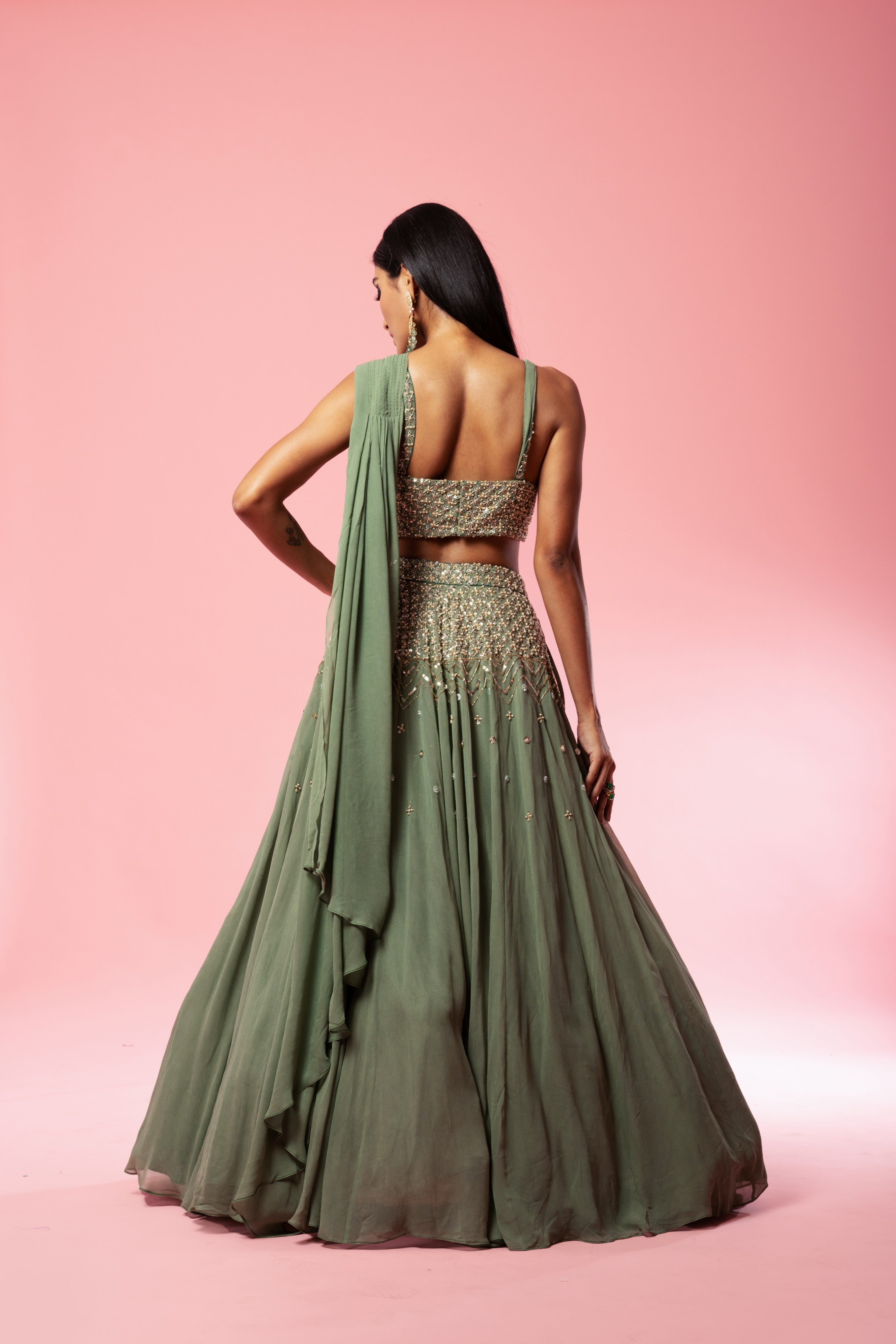 Sage green drape lehenga set