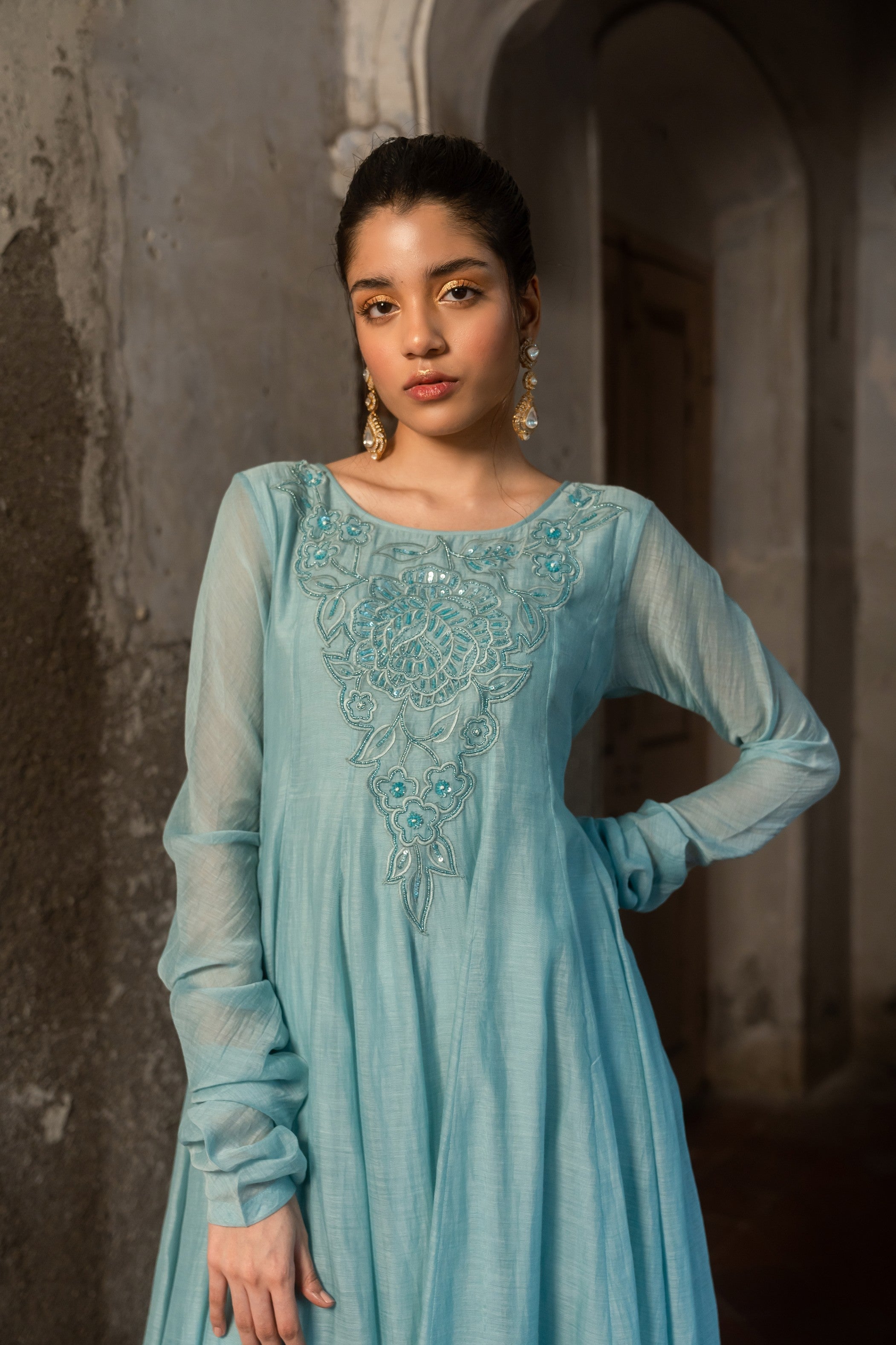A powder blue anarkali paired with pants