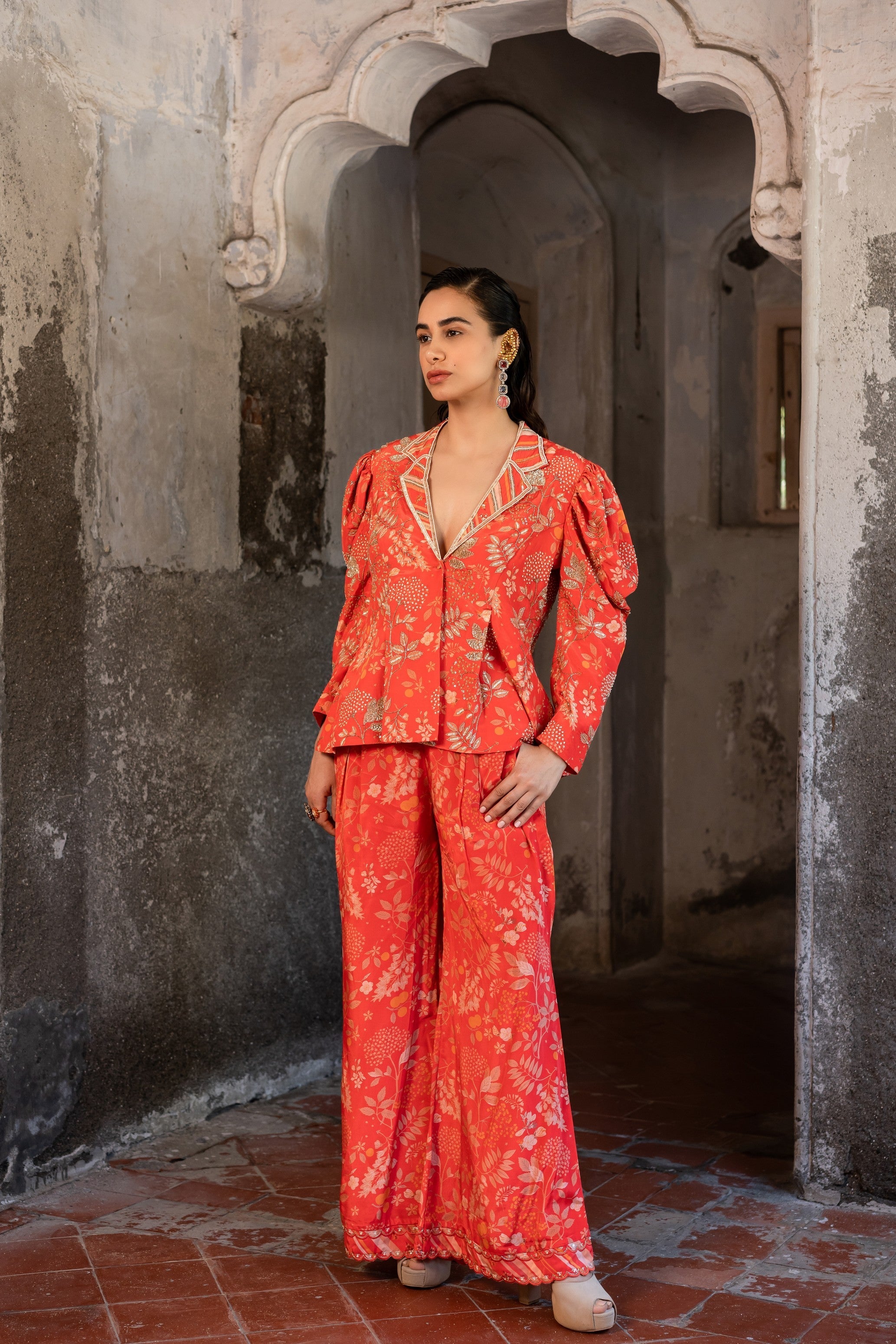 A floral printed blazer and pants