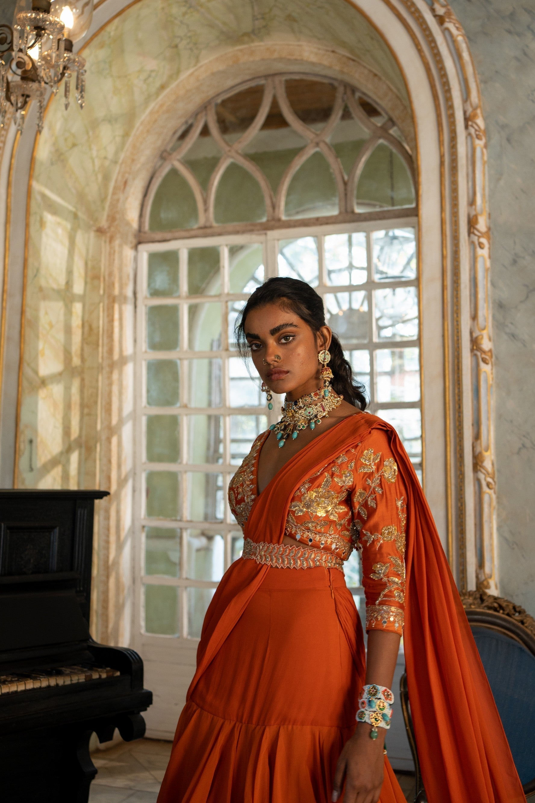 BURNT ORANGE 3 LAYER SAREE SET