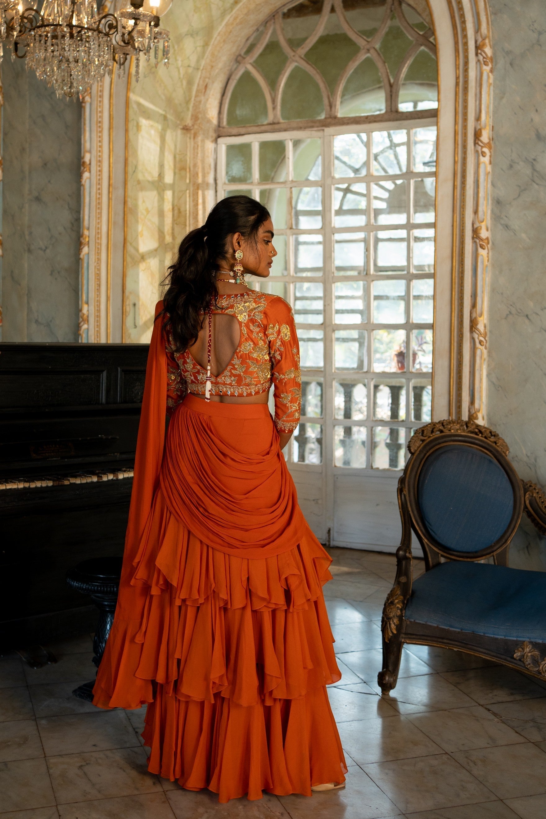 BURNT ORANGE 3 LAYER SAREE SET