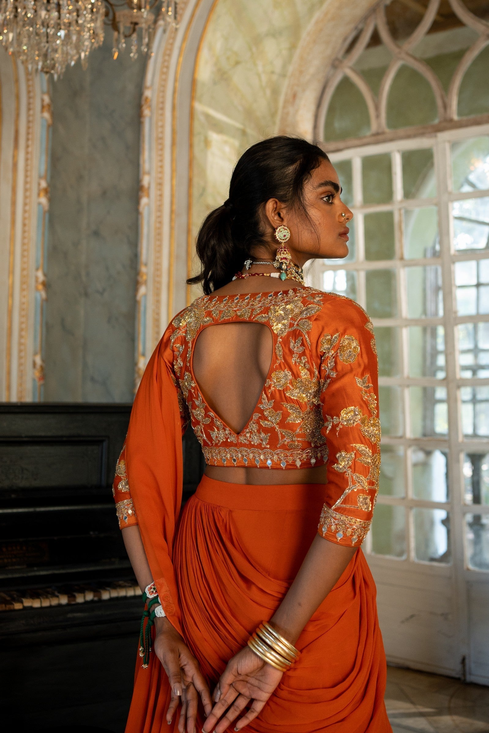 BURNT ORANGE 3 LAYER SAREE SET