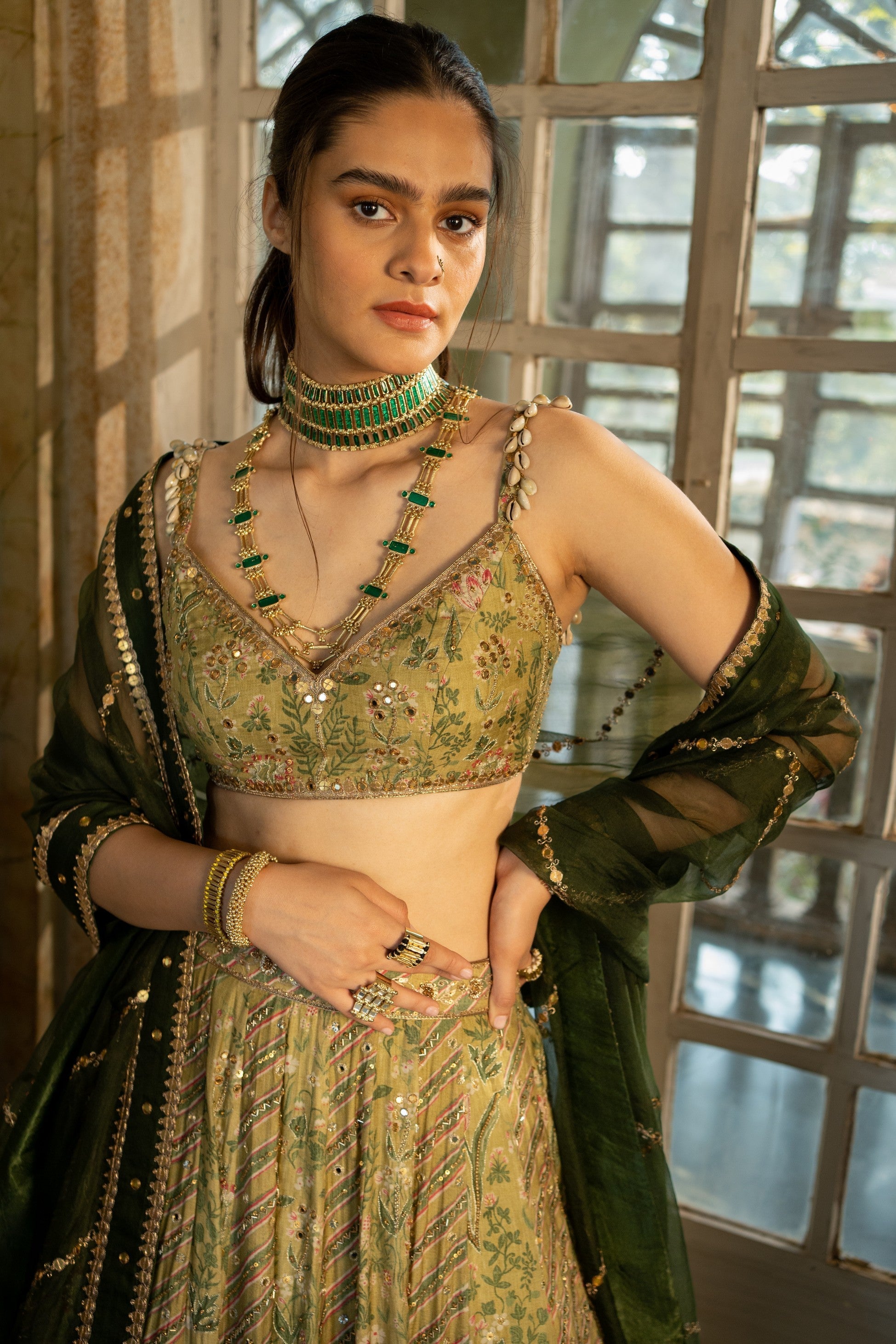 SAGE GREEN TROPICAL PRINTED LEHENGA SET