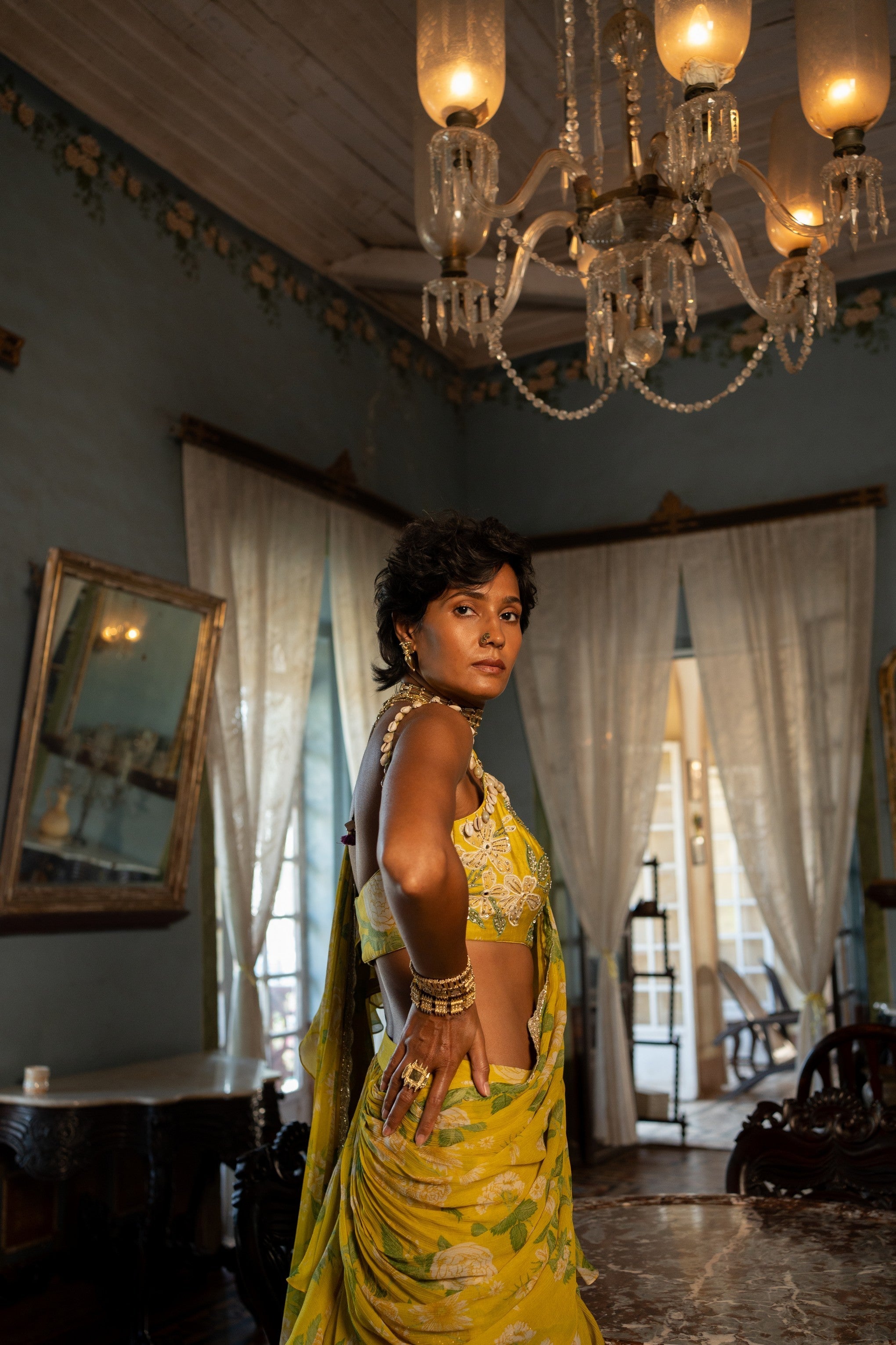 REFRESHING YELLOW MINT RUFFLE SAREE SET