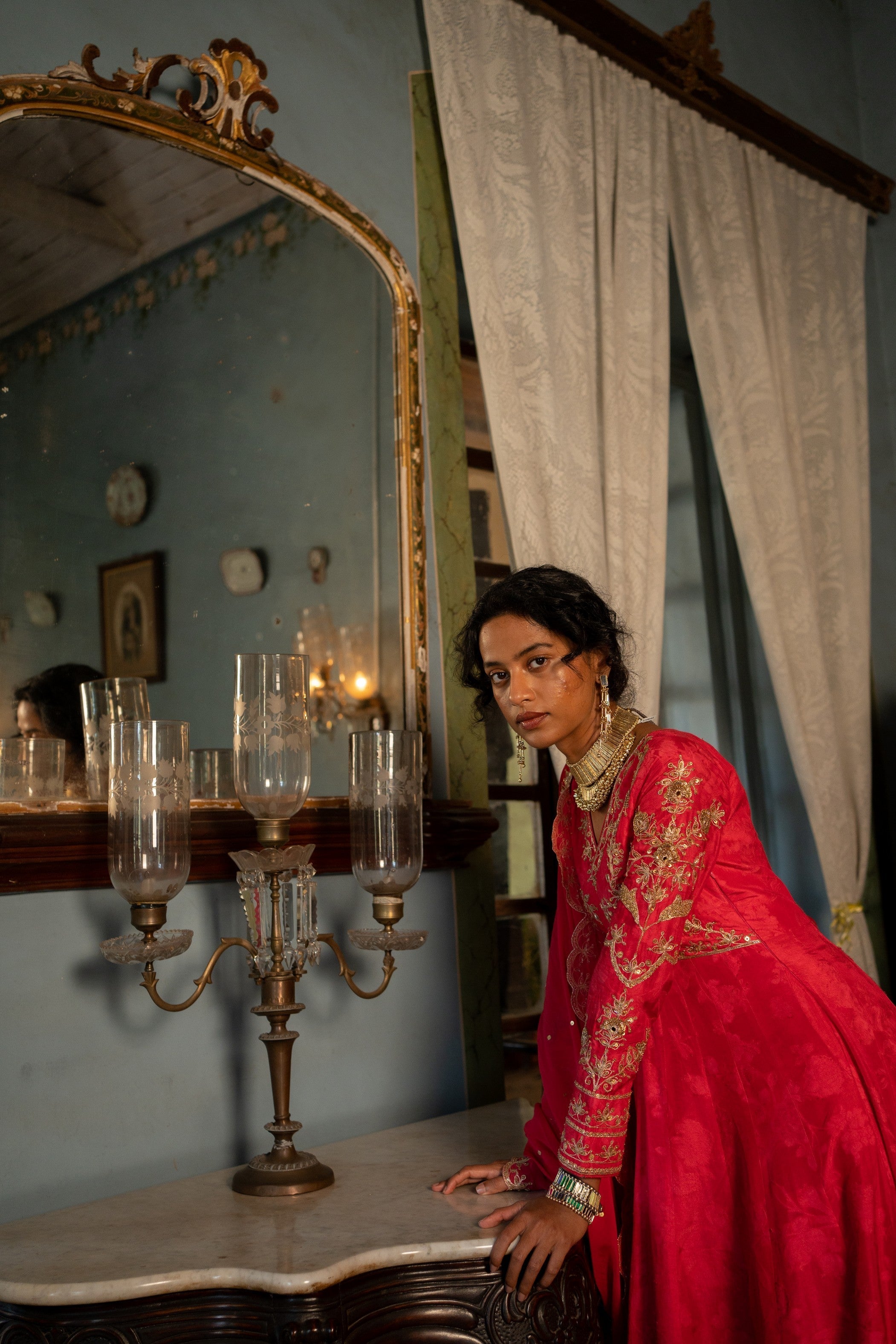 RED SELF WOVEN V NECK ANARKALI SET