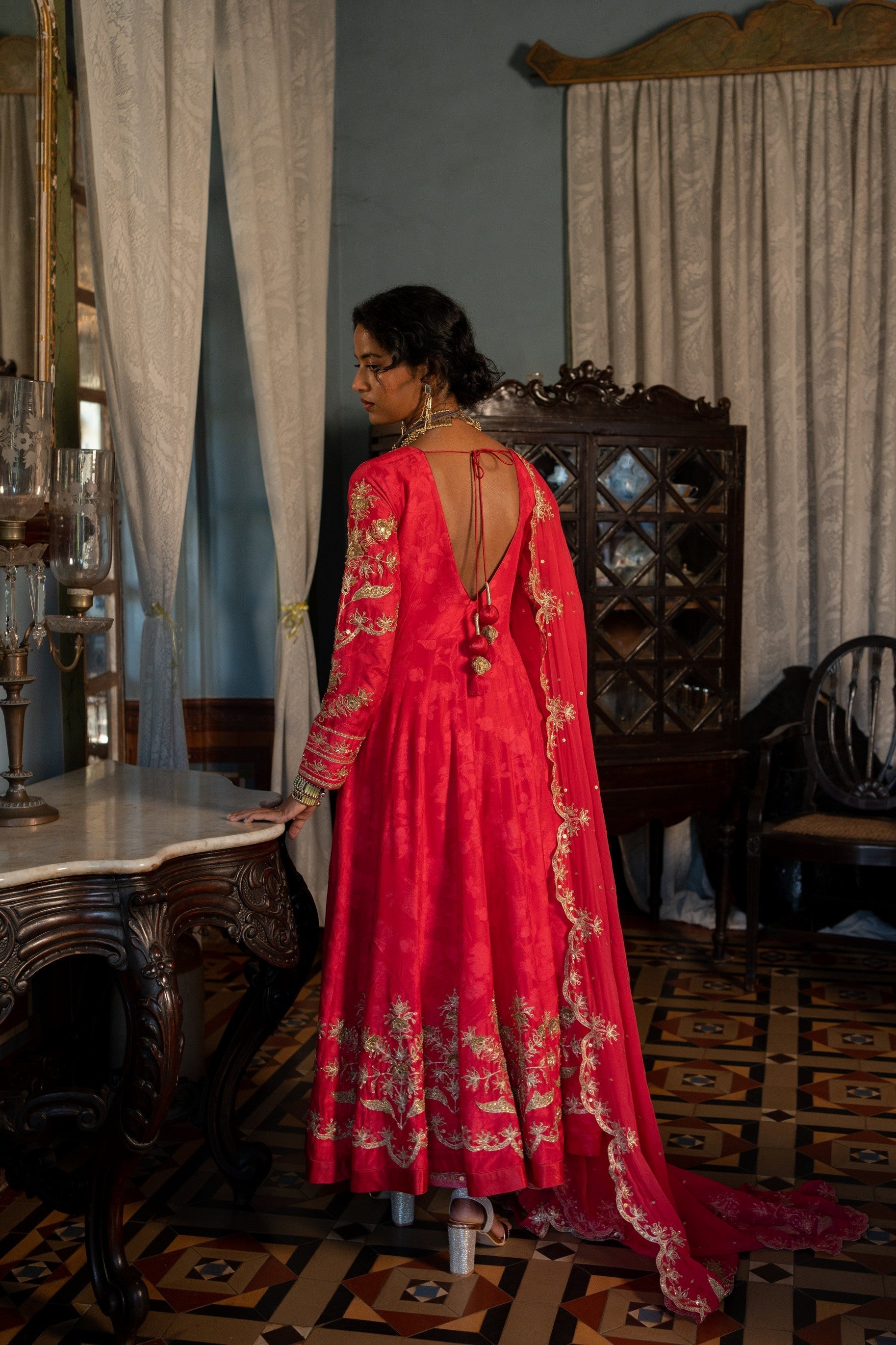 RED SELF WOVEN V NECK ANARKALI SET