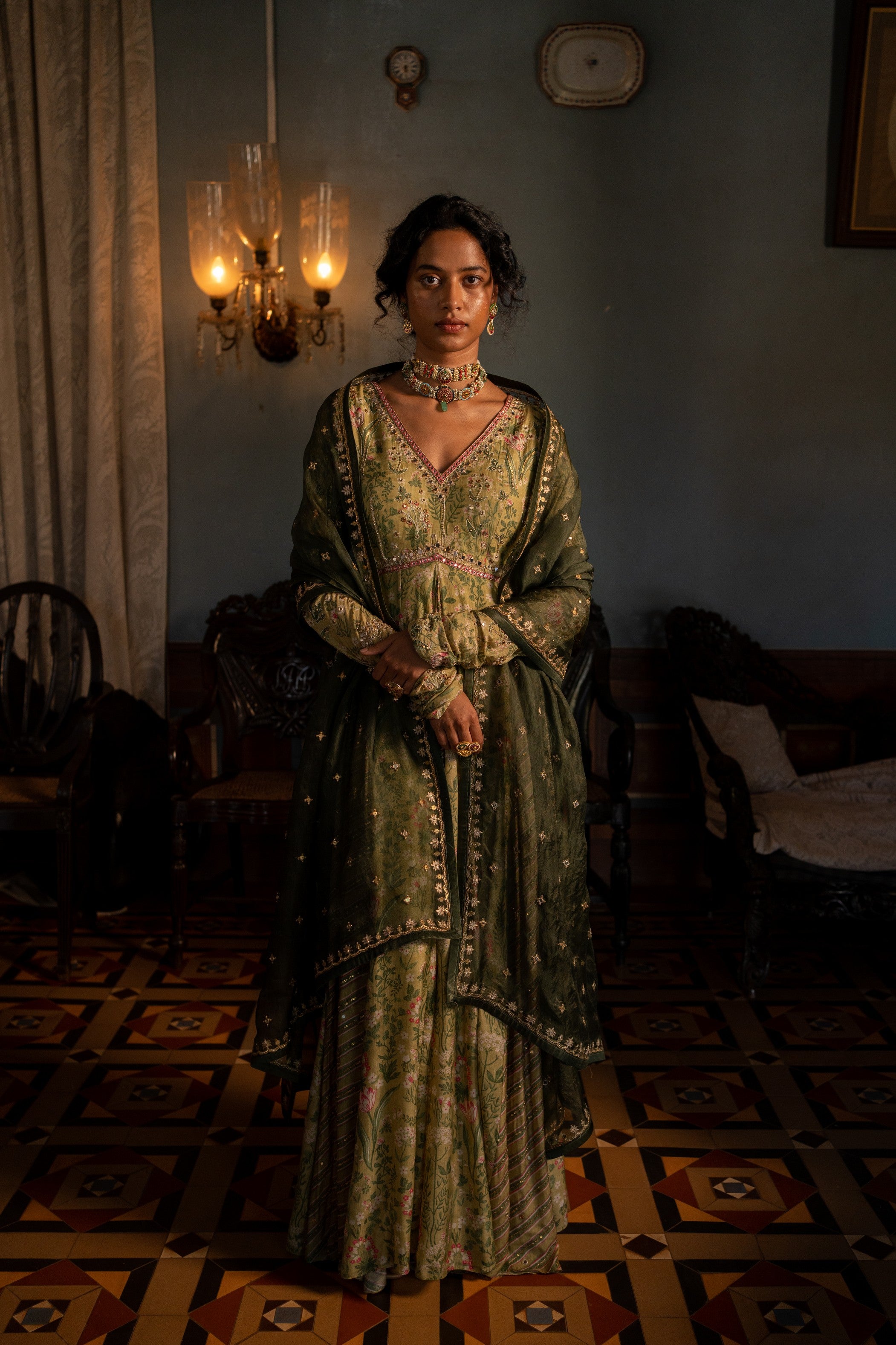 SAGE GREEN TROPICAL VNECK BACKLESS ANARKALI SET