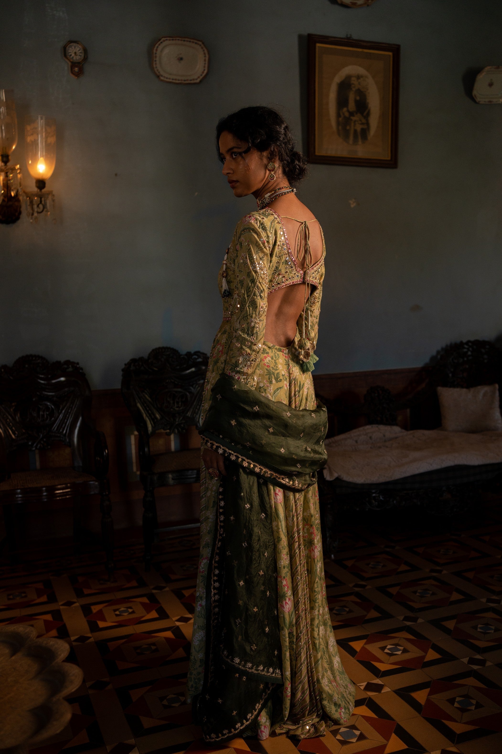 SAGE GREEN TROPICAL VNECK BACKLESS ANARKALI SET