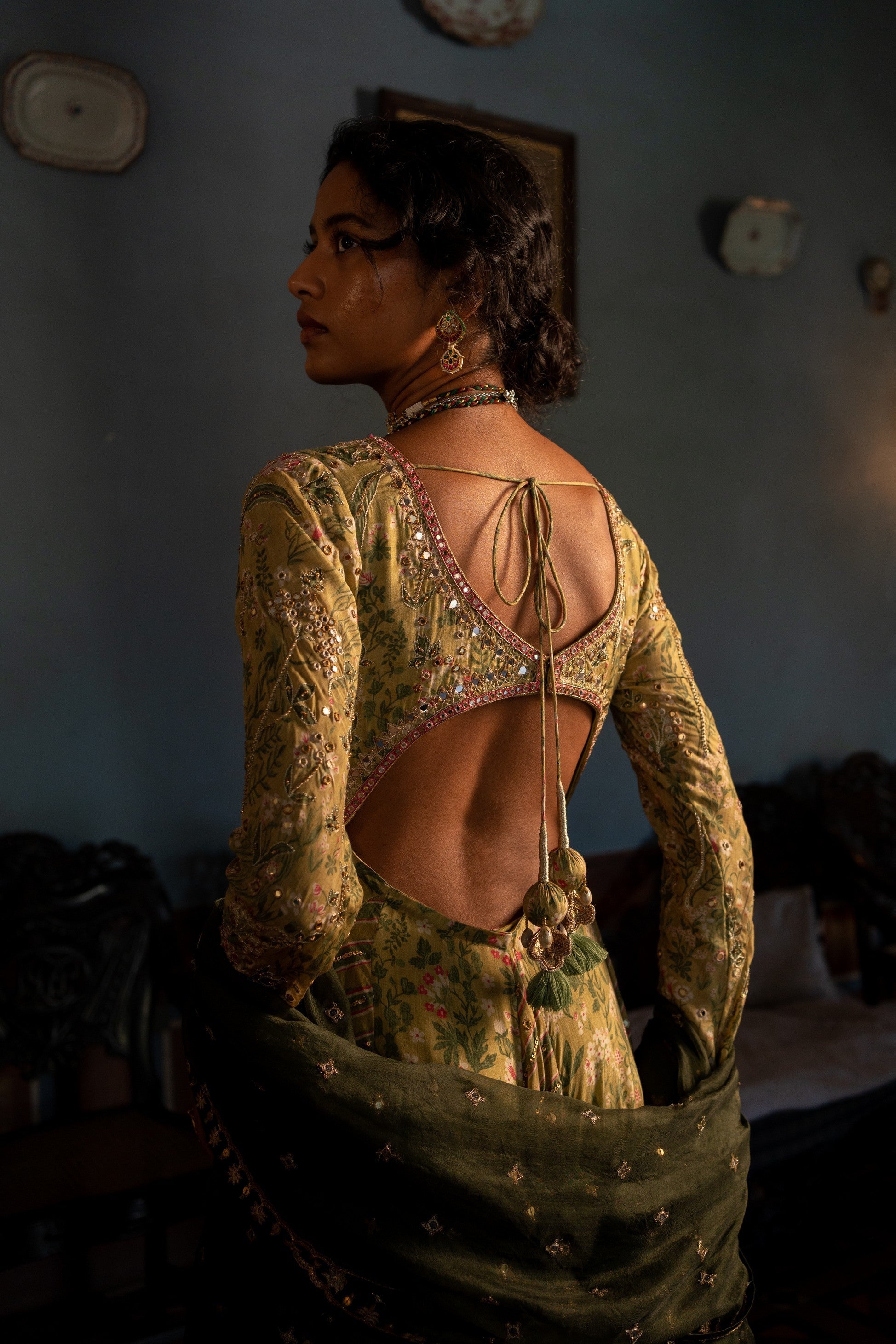 SAGE GREEN TROPICAL VNECK BACKLESS ANARKALI SET