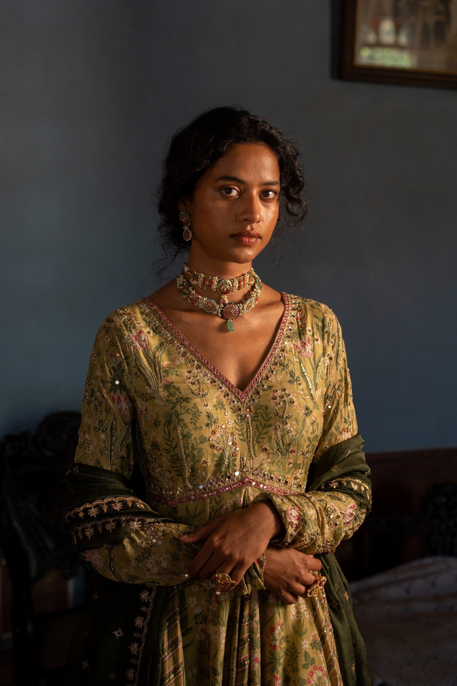 SAGE GREEN TROPICAL VNECK BACKLESS ANARKALI SET