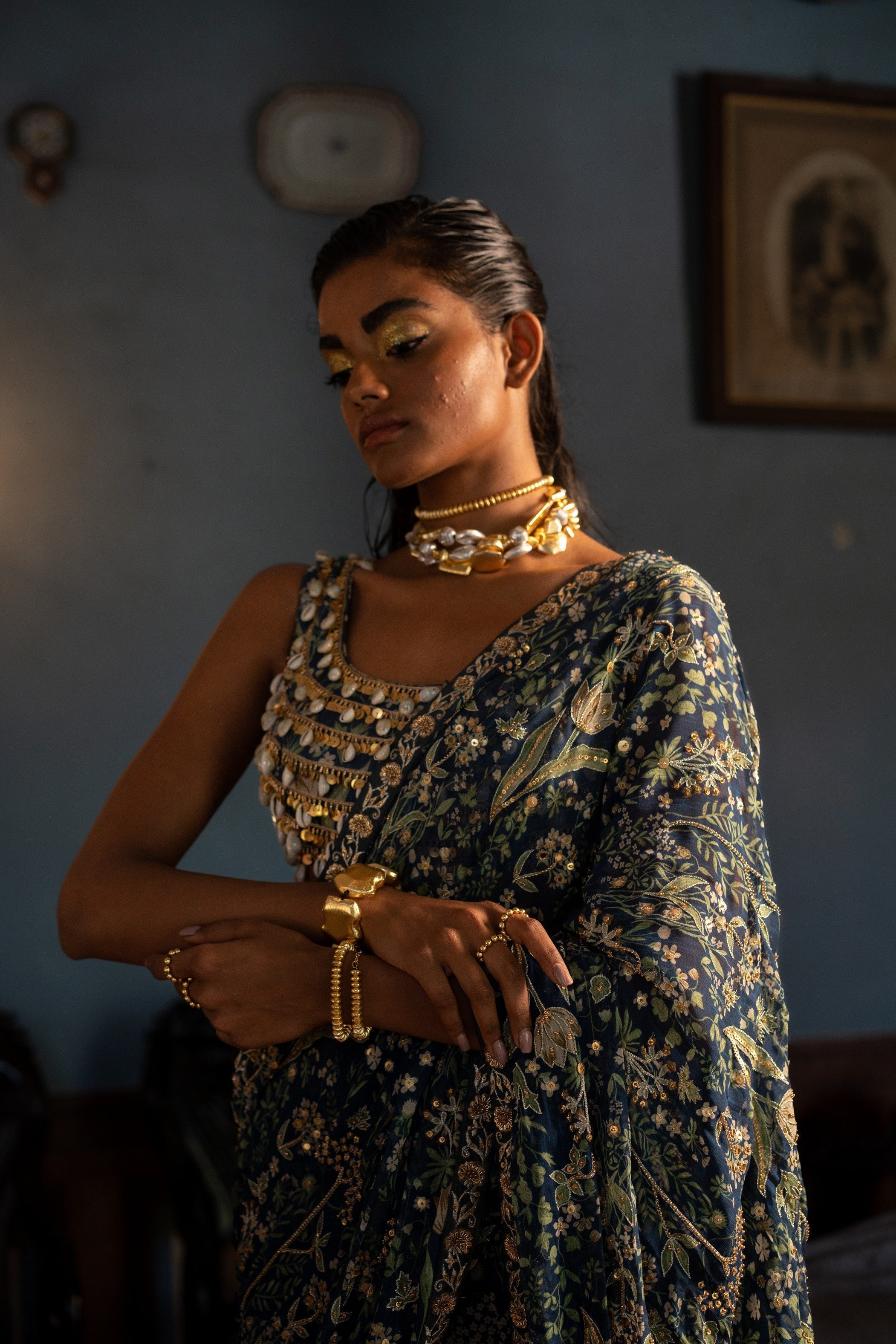 TROPICAL PRINT KOWRI SHELL BLOUSE SAREE SET