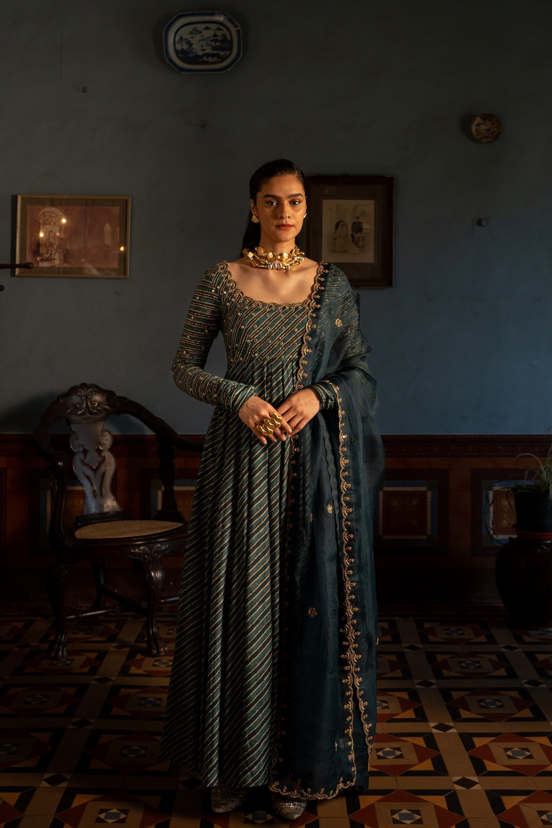 TEAL BLUE LEHRIYA PRINTED ANARKALI SET
