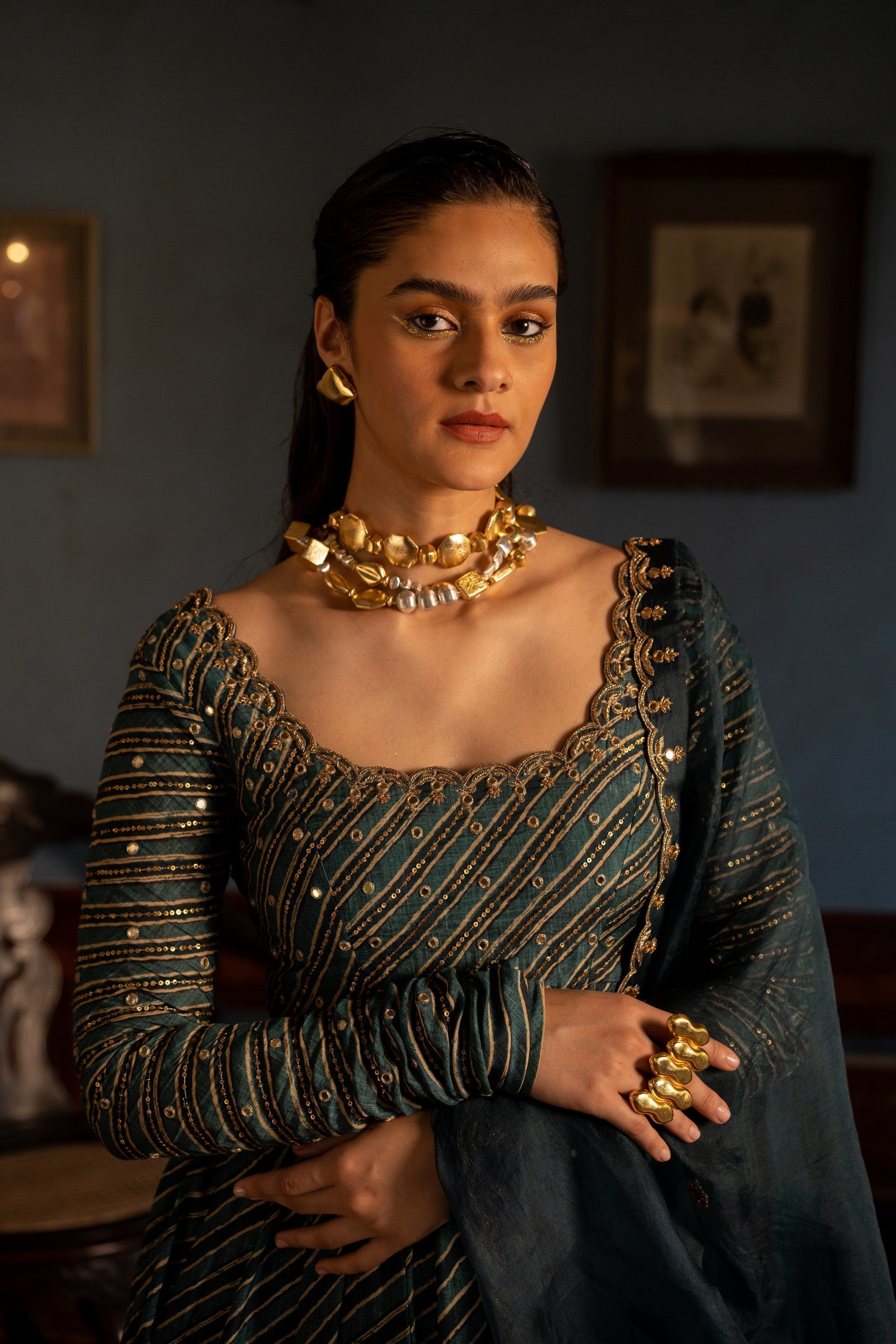 TEAL BLUE LEHRIYA PRINTED ANARKALI SET