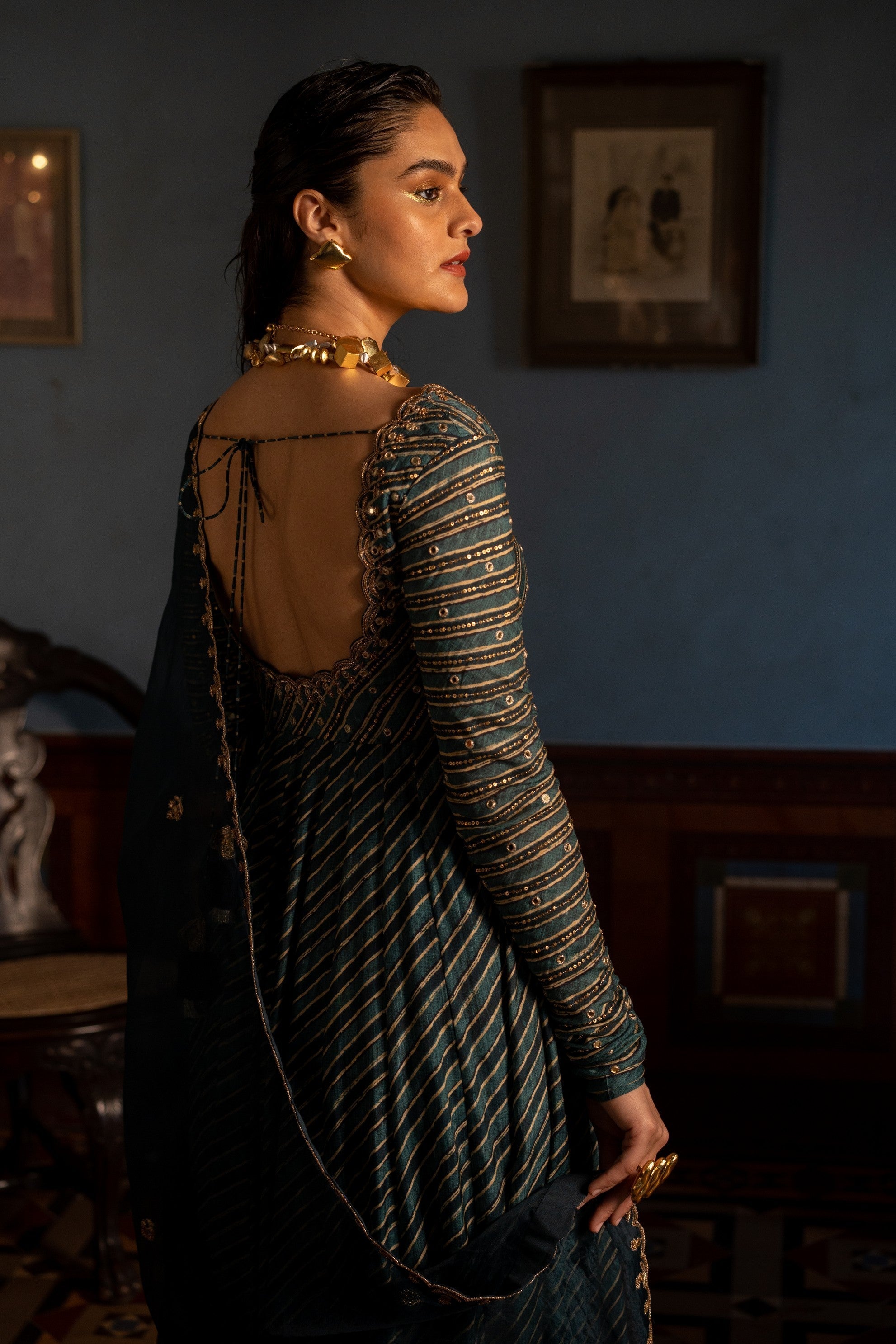 TEAL BLUE LEHRIYA PRINTED ANARKALI SET