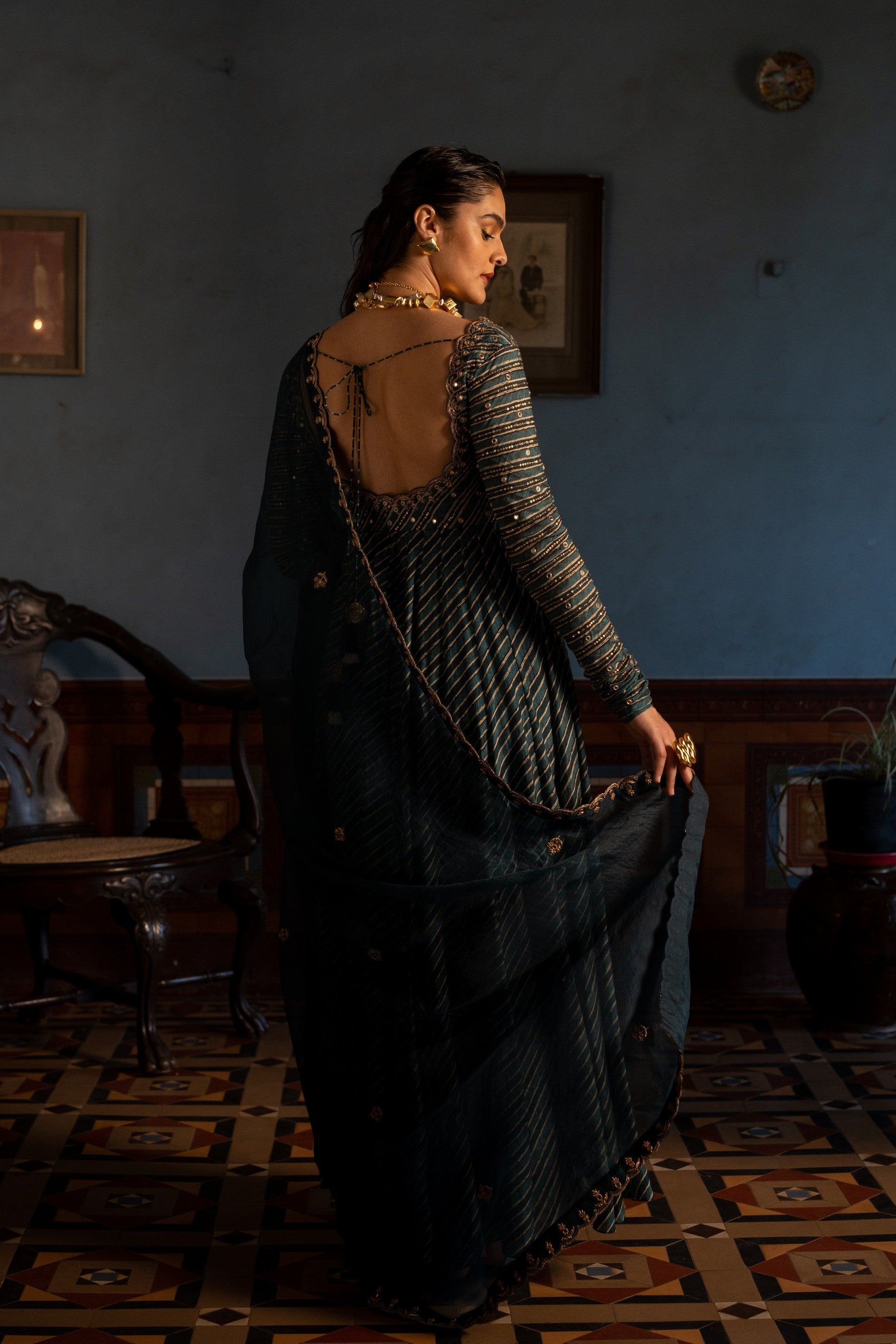 TEAL BLUE LEHRIYA PRINTED ANARKALI SET