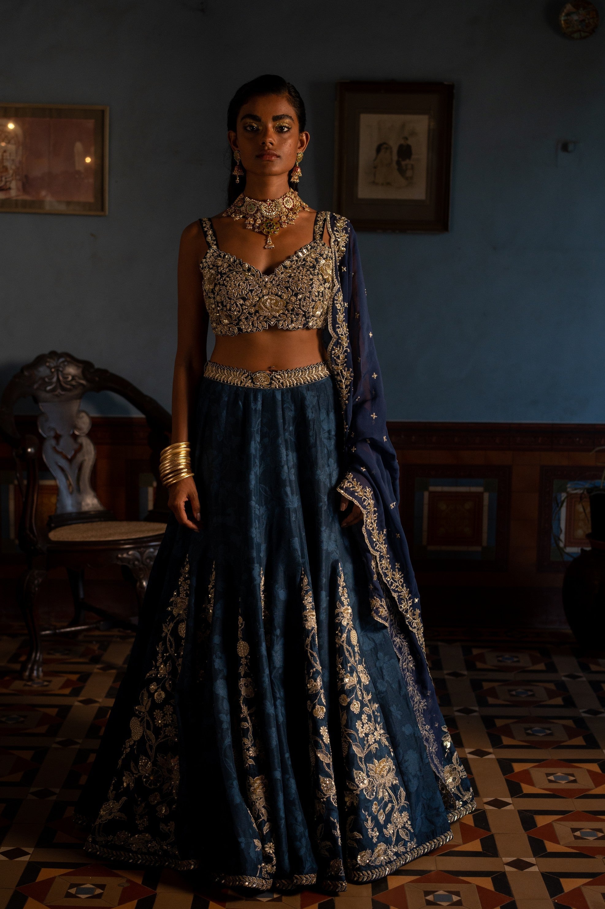 BLUE SELF WVEN KALI EMBROIDERED LEHENGA SET