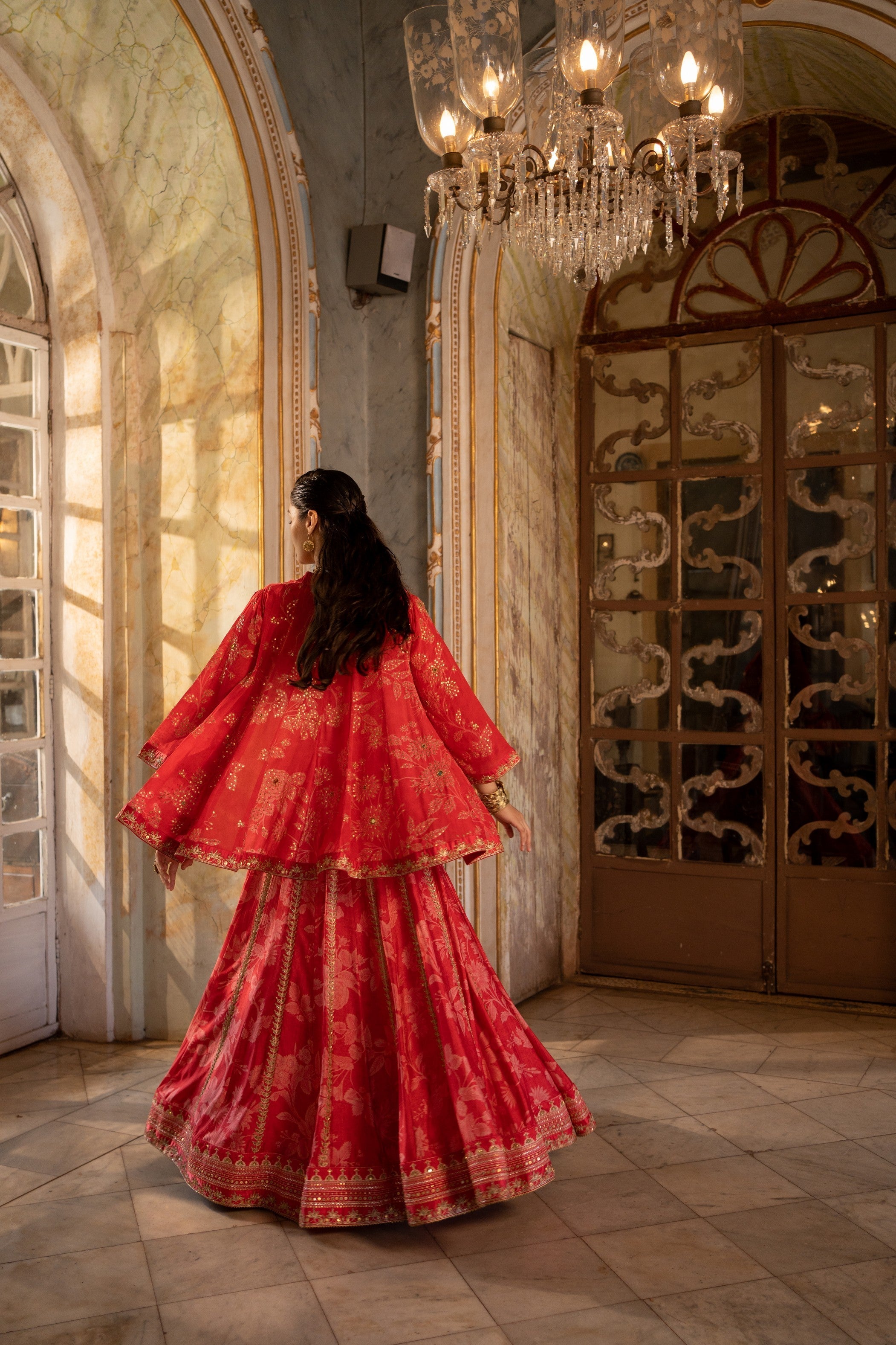 RED MONO FLORAL LEHENGA SET