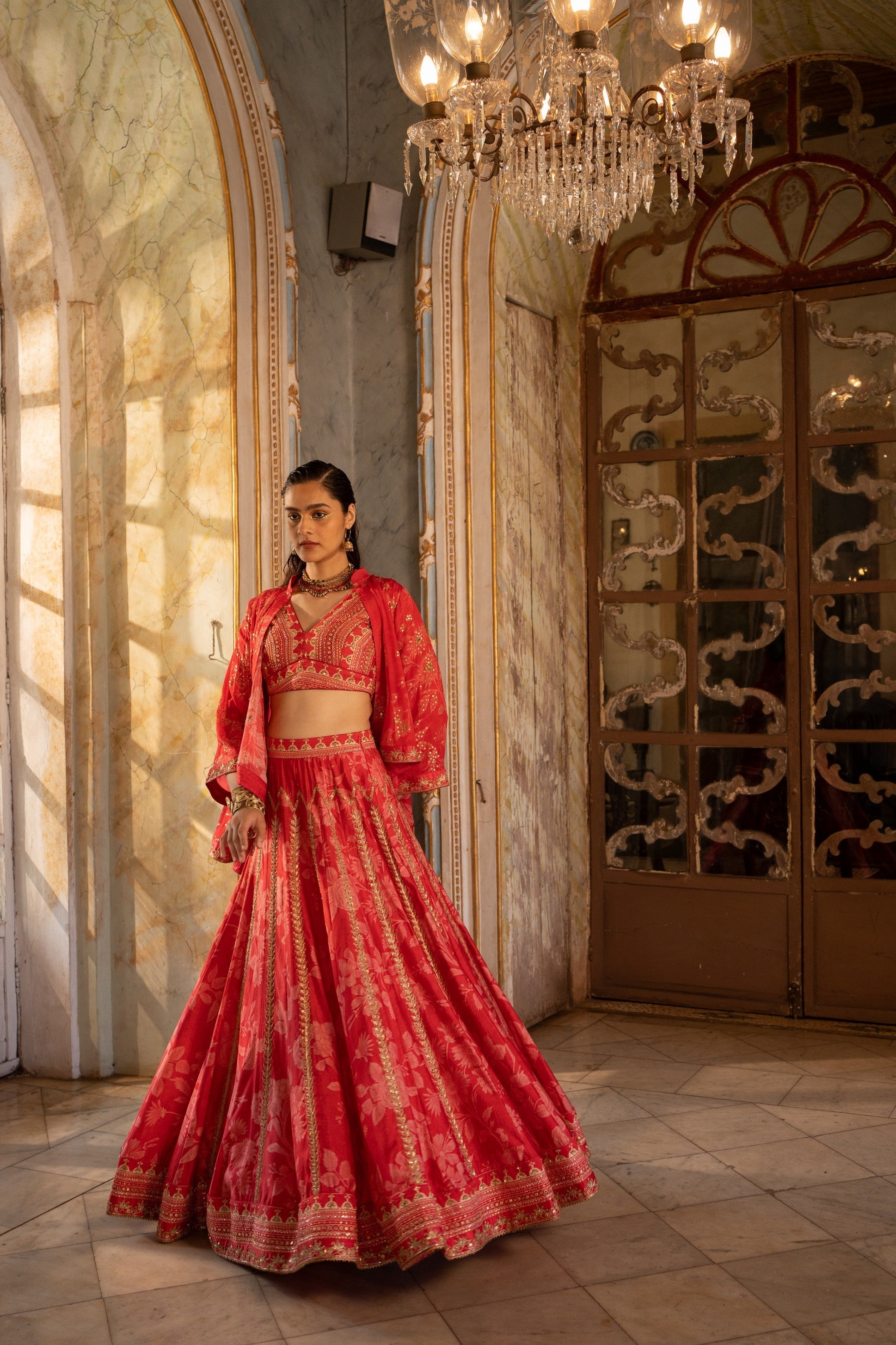 RED MONO FLORAL LEHENGA SET